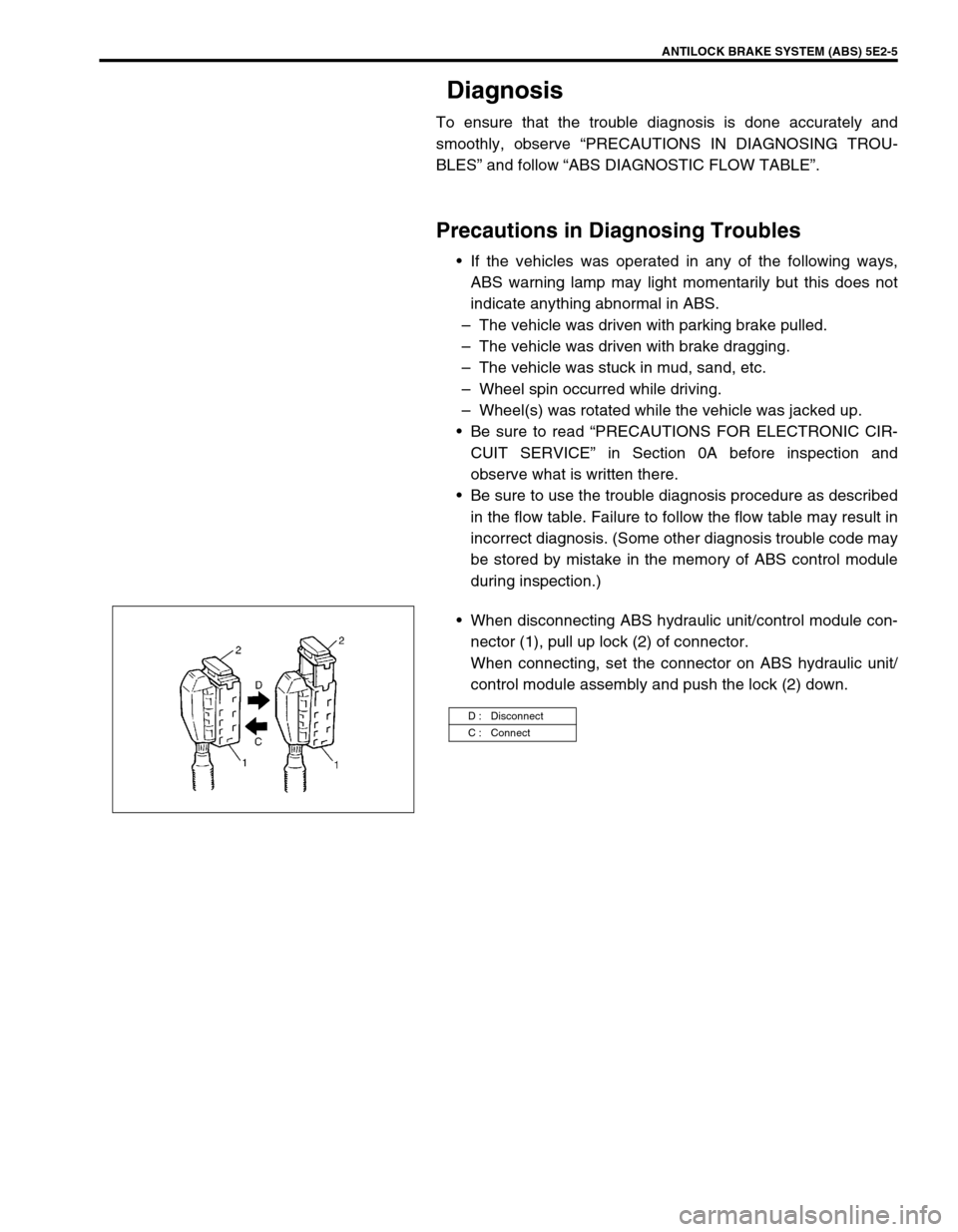 SUZUKI GRAND VITARA 1999 2.G Owners Manual ANTILOCK BRAKE SYSTEM (ABS) 5E2-5
Diagnosis
To ensure that the trouble diagnosis is done accurately and
smoothly, observe “PRECAUTIONS IN DIAGNOSING TROU-
BLES” and follow “ABS DIAGNOSTIC FLOW T SUZUKI GRAND VITARA 1999 2.G Owners Manual ANTILOCK BRAKE SYSTEM (ABS) 5E2-5
Diagnosis
To ensure that the trouble diagnosis is done accurately and
smoothly, observe “PRECAUTIONS IN DIAGNOSING TROU-
BLES” and follow “ABS DIAGNOSTIC FLOW T