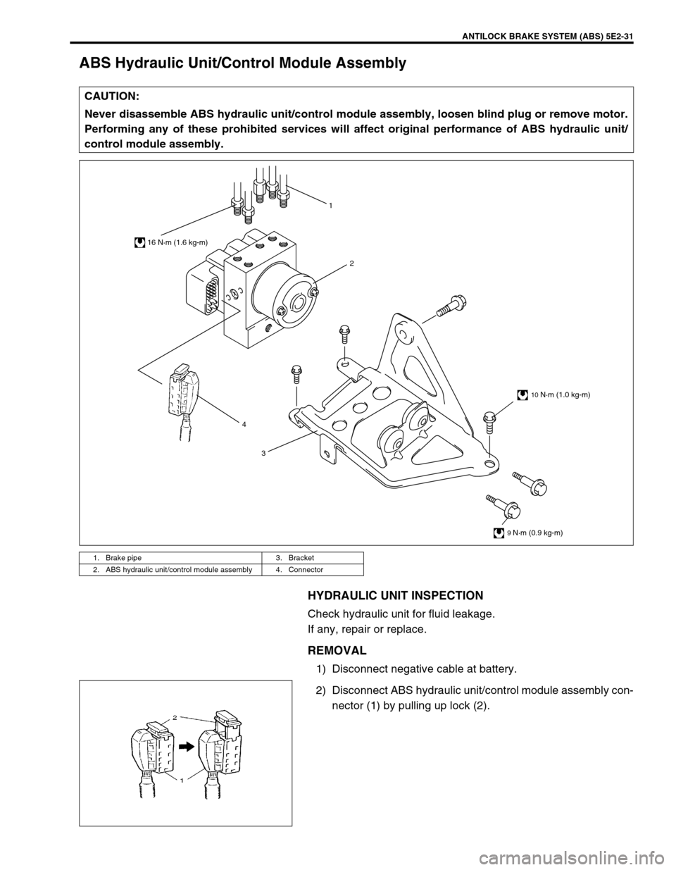 SUZUKI GRAND VITARA 1999 2.G Owners Manual ANTILOCK BRAKE SYSTEM (ABS) 5E2-31
ABS Hydraulic Unit/Control Module Assembly
HYDRAULIC UNIT INSPECTION
Check hydraulic unit for fluid leakage.
If any, repair or replace.
REMOVAL
1) Disconnect negativ