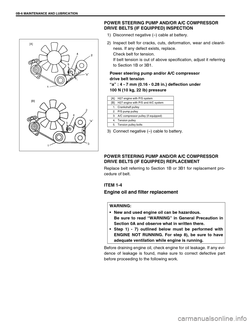 SUZUKI GRAND VITARA 1999 2.G Owners Manual 0B-6 MAINTENANCE AND LUBRICATION
POWER STEERING PUMP AND/OR A/C COMPRESSOR
DRIVE BELTS (IF EQUIPPED) INSPECTION
1) Disconnect negative (–) cable at battery.
2) Inspect belt for cracks, cuts, defor SUZUKI GRAND VITARA 1999 2.G Owners Manual 0B-6 MAINTENANCE AND LUBRICATION
POWER STEERING PUMP AND/OR A/C COMPRESSOR
DRIVE BELTS (IF EQUIPPED) INSPECTION
1) Disconnect negative (–) cable at battery.
2) Inspect belt for cracks, cuts, defor