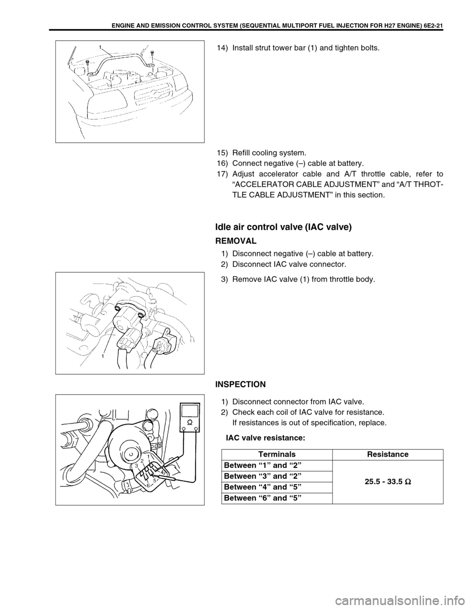 SUZUKI GRAND VITARA 1999 2.G Owners Manual ENGINE AND EMISSION CONTROL SYSTEM (SEQUENTIAL MULTIPORT FUEL INJECTION FOR H27 ENGINE) 6E2-21
14) Install strut tower bar (1) and tighten bolts.
15) Refill cooling system.
16) Connect negative (–) 