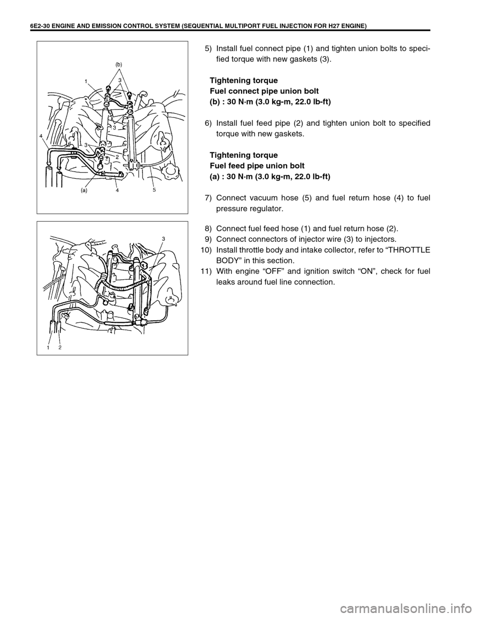 SUZUKI GRAND VITARA 1999 2.G Owners Manual 6E2-30 ENGINE AND EMISSION CONTROL SYSTEM (SEQUENTIAL MULTIPORT FUEL INJECTION FOR H27 ENGINE)
5) Install fuel connect pipe (1) and tighten union bolts to speci-
fied torque with new gaskets (3).
Tigh