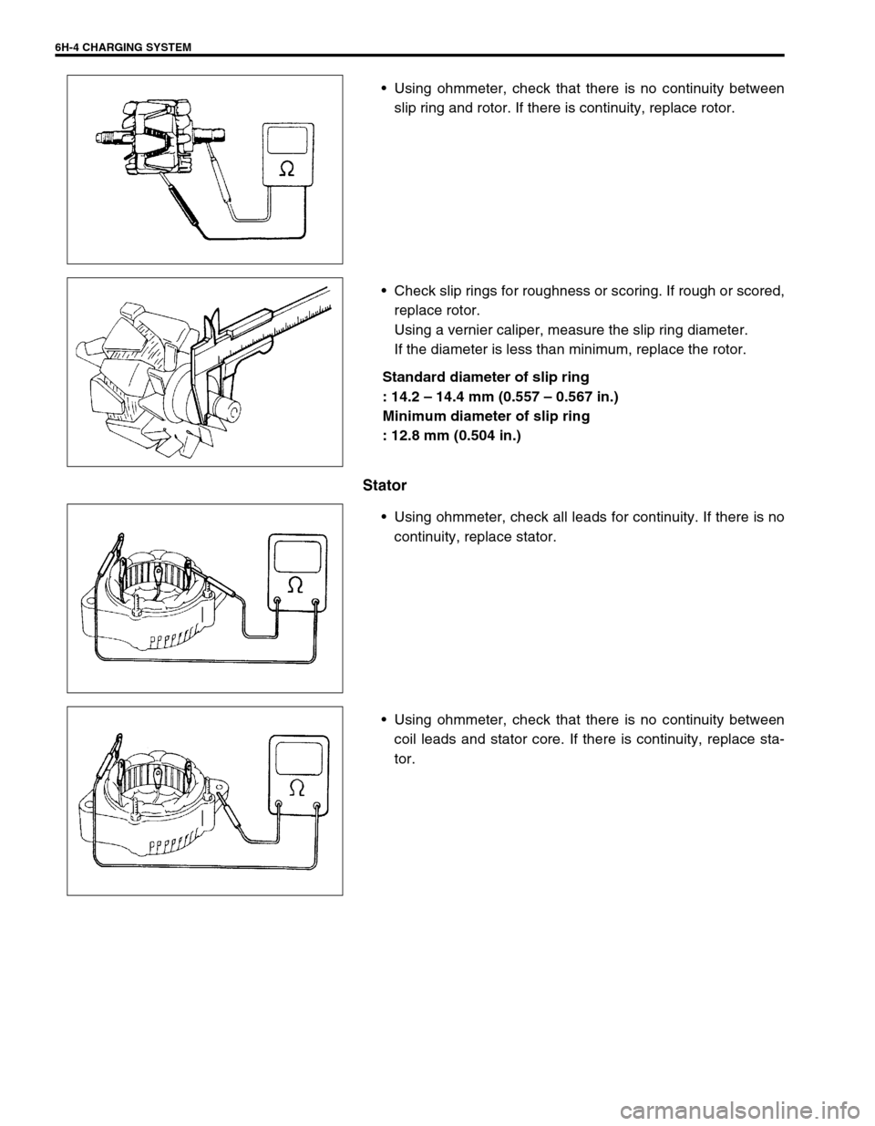 SUZUKI GRAND VITARA 1999 2.G Owners Manual 6H-4 CHARGING SYSTEM
•Using ohmmeter, check that there is no continuity between
slip ring and rotor. If there is continuity, replace rotor.
•Check slip rings for roughness or scoring. If rough or 
