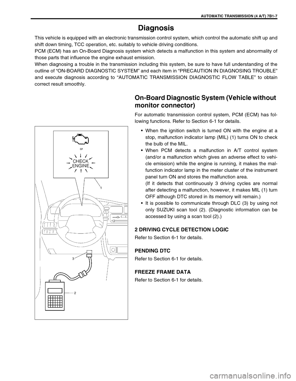 SUZUKI GRAND VITARA 1999 2.G Owners Manual AUTOMATIC TRANSMISSION (4 A/T) 7B1-7
Diagnosis
This vehicle is equipped with an electronic transmission control system, which control the automatic shift up and
shift down timing, TCC operation, etc. SUZUKI GRAND VITARA 1999 2.G Owners Manual AUTOMATIC TRANSMISSION (4 A/T) 7B1-7
Diagnosis
This vehicle is equipped with an electronic transmission control system, which control the automatic shift up and
shift down timing, TCC operation, etc.