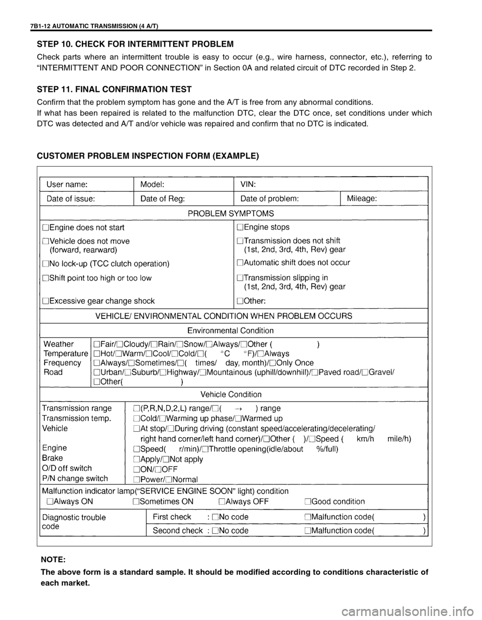 SUZUKI GRAND VITARA 1999 2.G Owners Manual 7B1-12 AUTOMATIC TRANSMISSION (4 A/T)
STEP 10. CHECK FOR INTERMITTENT PROBLEM
Check parts where an intermittent trouble is easy to occur (e.g., wire harness, connector, etc.), referring to
“INTERMIT