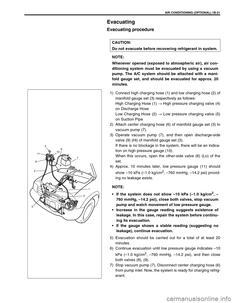 SUZUKI GRAND VITARA 1999 2.G Owners Manual AIR CONDITIONING (OPTIONAL) 1B-21
Evacuating
Evacuating procedure
1) Connect high charging hose (1) and low charging hose (2) of
manifold gauge set (3) respectively as follows:
High Charging Hose (1) SUZUKI GRAND VITARA 1999 2.G Owners Manual AIR CONDITIONING (OPTIONAL) 1B-21
Evacuating
Evacuating procedure
1) Connect high charging hose (1) and low charging hose (2) of
manifold gauge set (3) respectively as follows:
High Charging Hose (1)