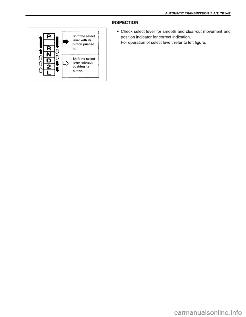 SUZUKI GRAND VITARA 1999 2.G Owners Manual AUTOMATIC TRANSMISSION (4 A/T) 7B1-47
INSPECTION
•Check select lever for smooth and clear-cut movement and
position indicator for correct indication.
For operation of select lever, refer to left fig