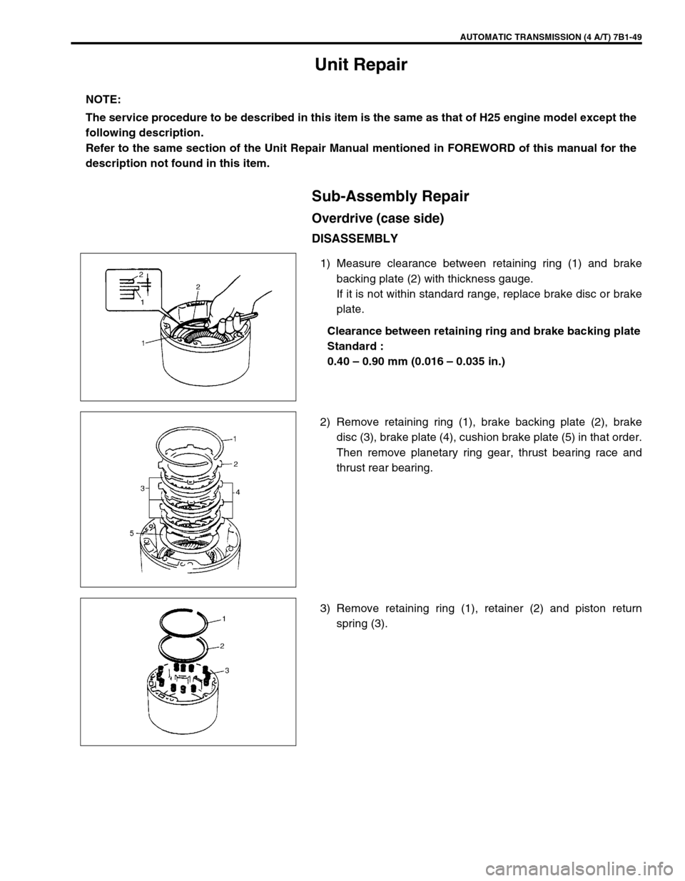 SUZUKI GRAND VITARA 1999 2.G Owners Manual AUTOMATIC TRANSMISSION (4 A/T) 7B1-49
Unit Repair
Sub-Assembly Repair
Overdrive (case side)
DISASSEMBLY
1) Measure clearance between retaining ring (1) and brake
backing plate (2) with thickness gauge