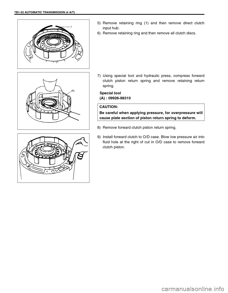 SUZUKI GRAND VITARA 1999 2.G Owners Manual 7B1-52 AUTOMATIC TRANSMISSION (4 A/T)
5) Remove retaining ring (1) and then remove direct clutch
input hub.
6) Remove retaining ring and then remove all clutch discs.
7) Using special tool and hydraul