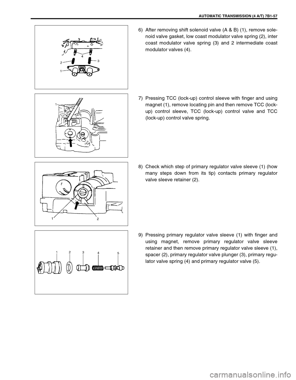 SUZUKI GRAND VITARA 1999 2.G Owners Manual AUTOMATIC TRANSMISSION (4 A/T) 7B1-57
6) After removing shift solenoid valve (A & B) (1), remove sole-
noid valve gasket, low coast modulator valve spring (2), inter
coast modulator valve spring (3) a