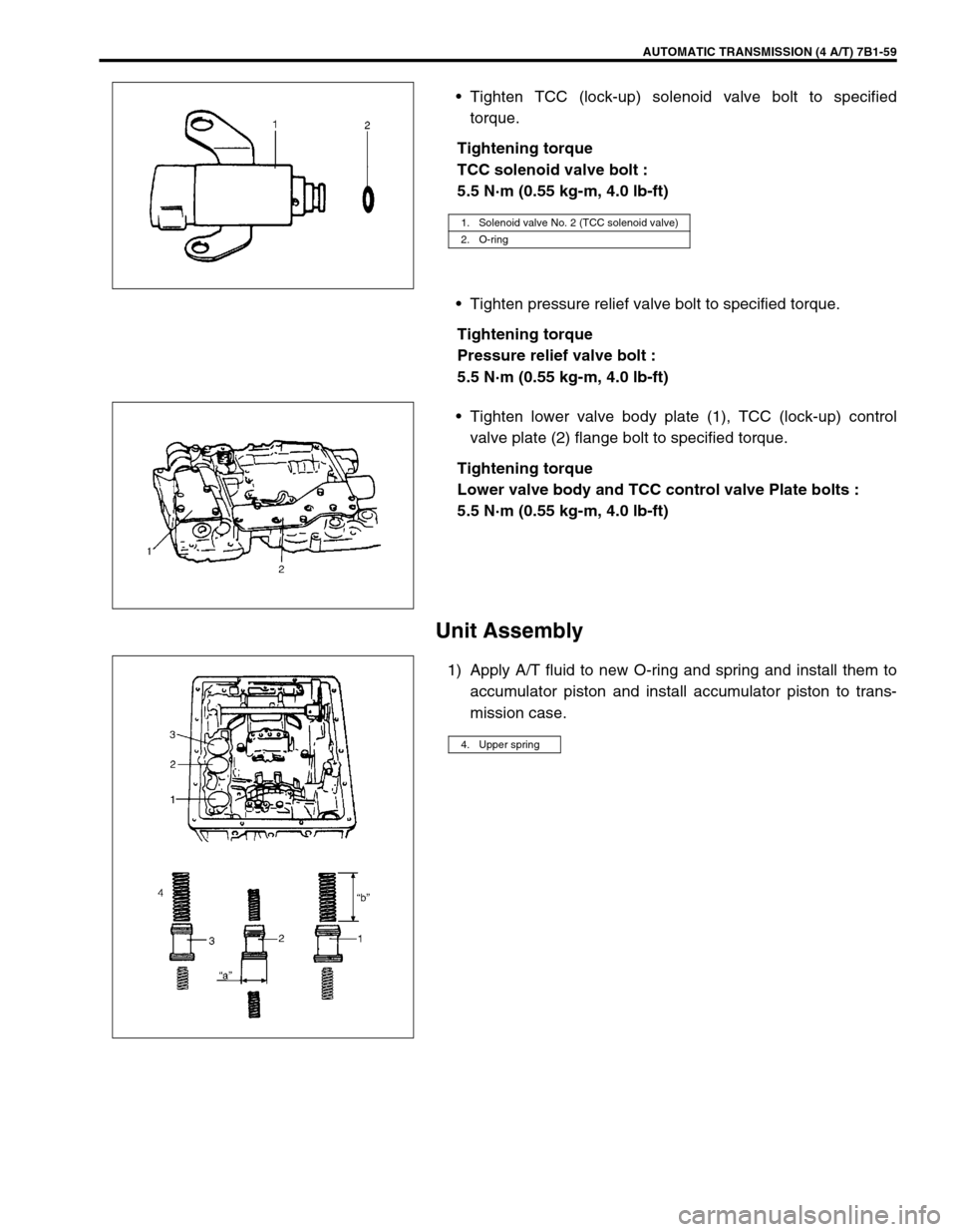 SUZUKI GRAND VITARA 1999 2.G Owners Manual AUTOMATIC TRANSMISSION (4 A/T) 7B1-59
•Tighten TCC (lock-up) solenoid valve bolt to specified
torque.
Tightening torque
TCC solenoid valve bolt : 
5.5 N·m (0.55 kg-m, 4.0 lb-ft)
•Tighten pressure