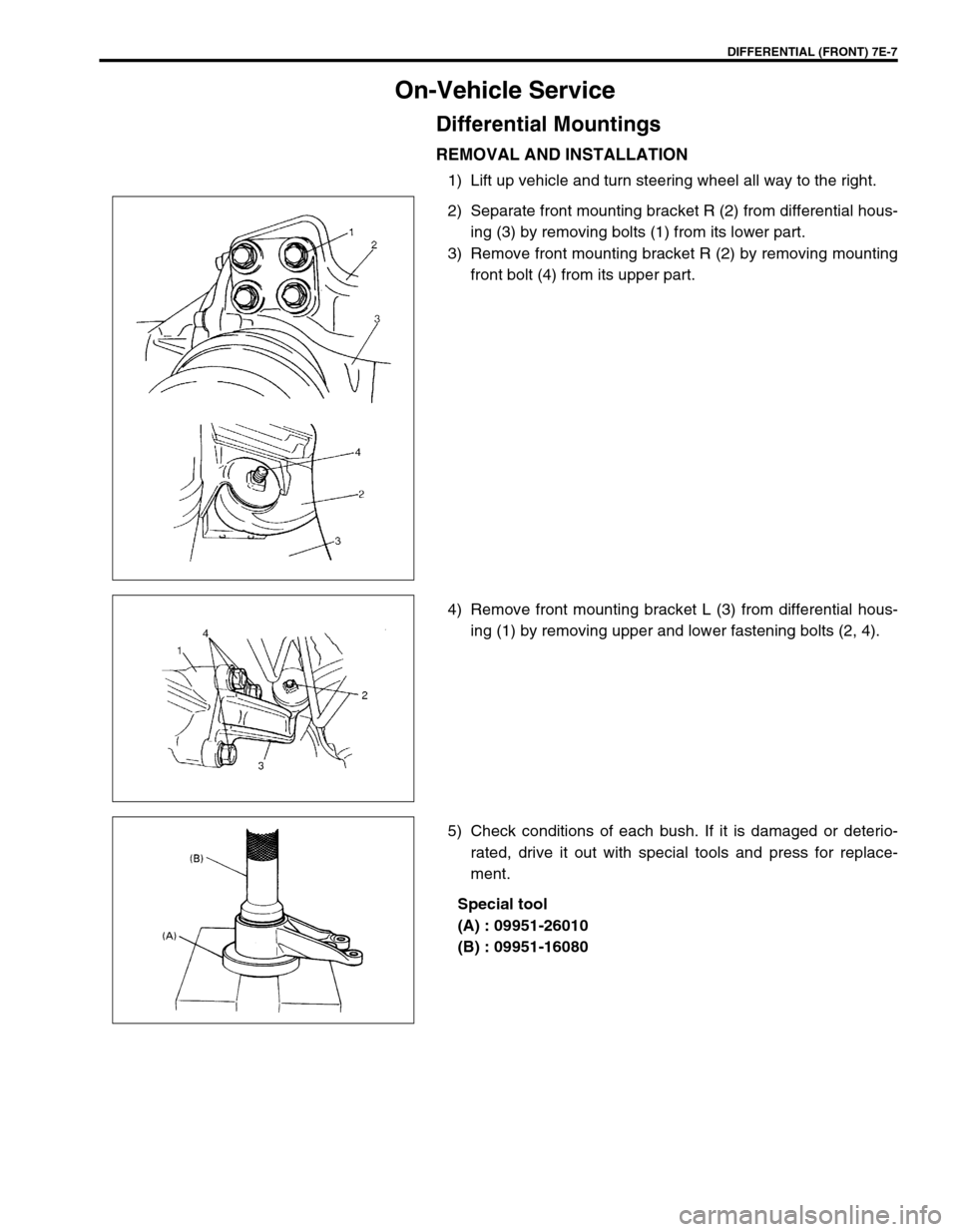 SUZUKI GRAND VITARA 1999 2.G Owners Manual DIFFERENTIAL (FRONT) 7E-7
On-Vehicle Service
Differential Mountings
REMOVAL AND INSTALLATION
1) Lift up vehicle and turn steering wheel all way to the right.
2) Separate front mounting bracket R (2) f