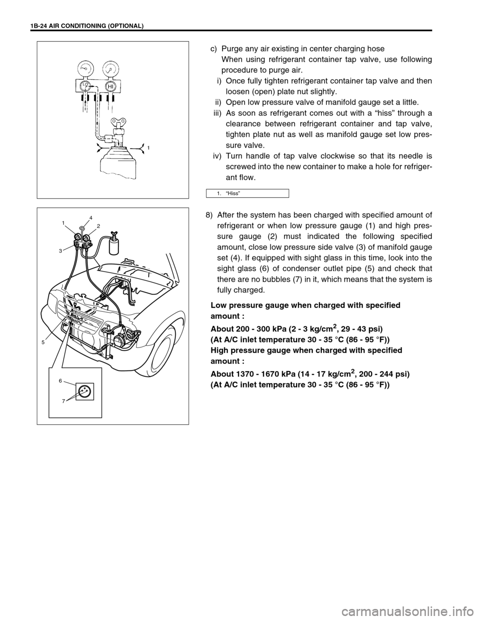SUZUKI GRAND VITARA 1999 2.G Owners Manual 1B-24 AIR CONDITIONING (OPTIONAL)
c) Purge any air existing in center charging hose
When using refrigerant container tap valve, use following
procedure to purge air.
i) Once fully tighten refrigerant SUZUKI GRAND VITARA 1999 2.G Owners Manual 1B-24 AIR CONDITIONING (OPTIONAL)
c) Purge any air existing in center charging hose
When using refrigerant container tap valve, use following
procedure to purge air.
i) Once fully tighten refrigerant