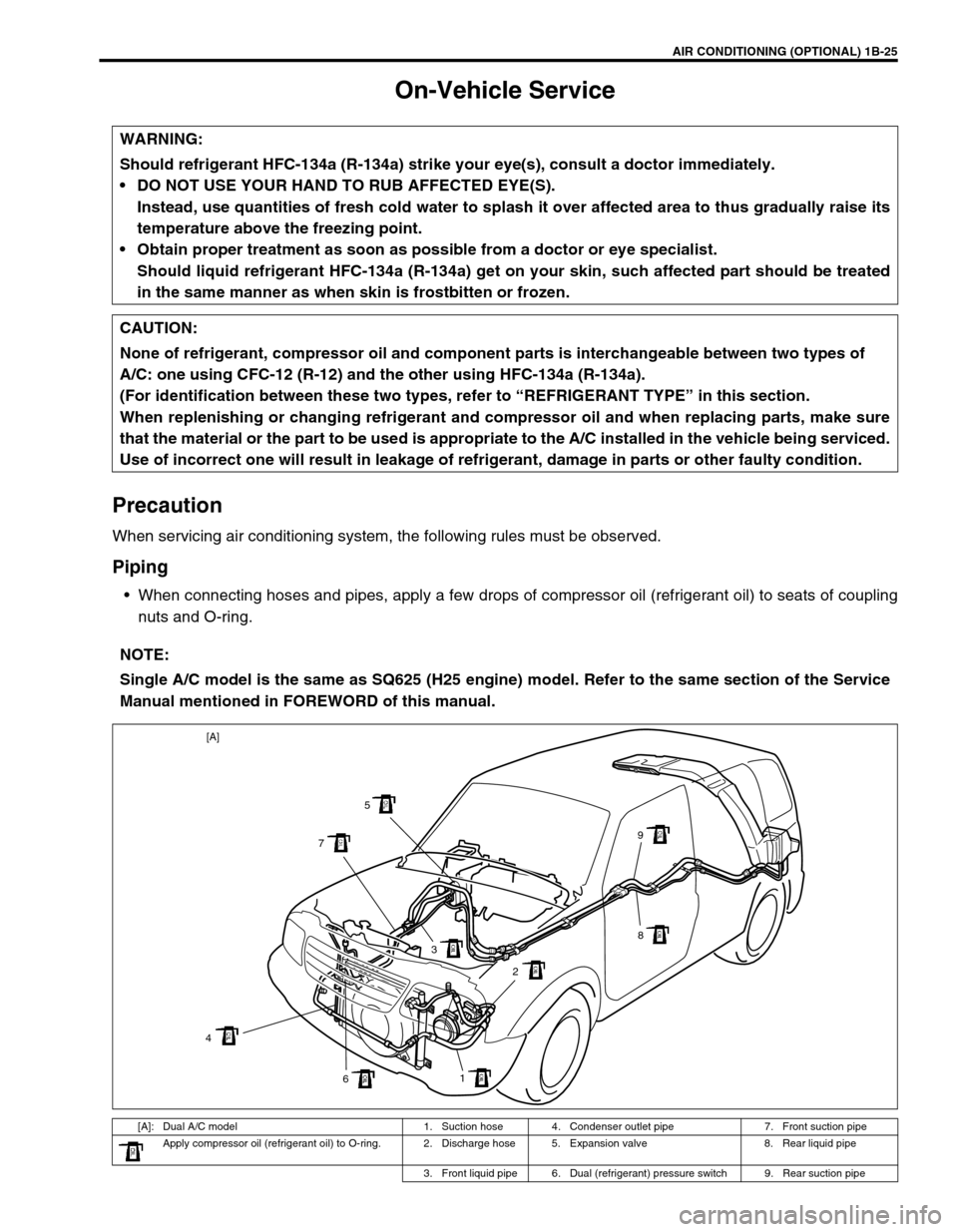SUZUKI GRAND VITARA 1999 2.G Owners Manual AIR CONDITIONING (OPTIONAL) 1B-25
On-Vehicle Service
Precaution
When servicing air conditioning system, the following rules must be observed.
Piping
When connecting hoses and pipes, apply a few drops SUZUKI GRAND VITARA 1999 2.G Owners Manual AIR CONDITIONING (OPTIONAL) 1B-25
On-Vehicle Service
Precaution
When servicing air conditioning system, the following rules must be observed.
Piping
When connecting hoses and pipes, apply a few drops