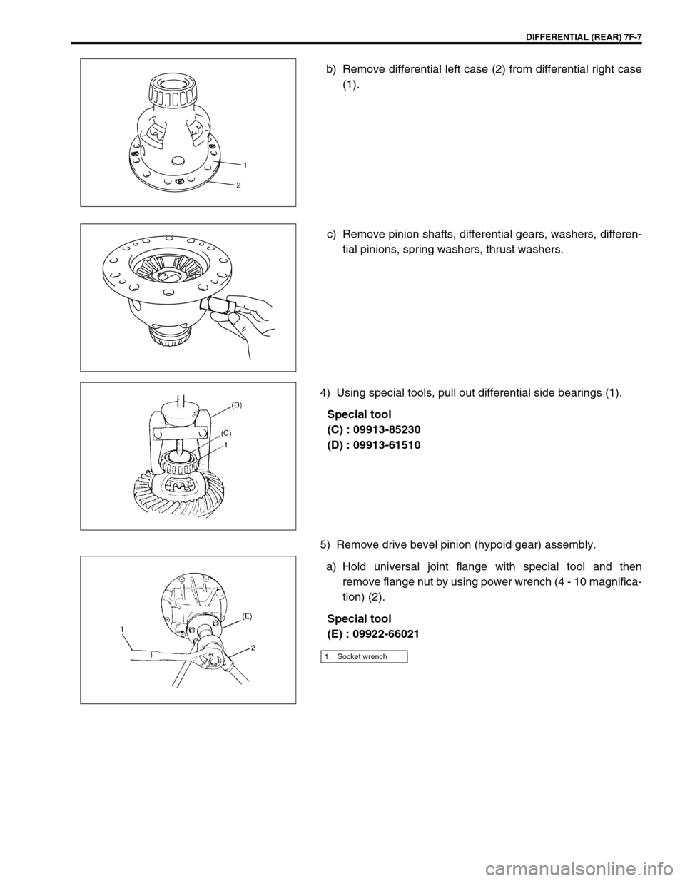 SUZUKI GRAND VITARA 1999 2.G Owners Manual DIFFERENTIAL (REAR) 7F-7
b) Remove differential left case (2) from differential right case
(1).
c) Remove pinion shafts, differential gears, washers, differen-
tial pinions, spring washers, thrust was