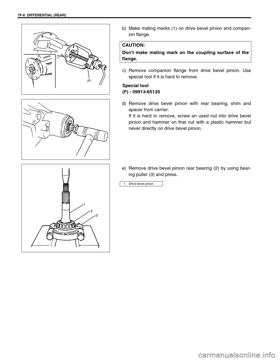 SUZUKI GRAND VITARA 1999 2.G Owners Manual 7F-8  DIFFERENTIAL (REAR)
b) Make mating marks (1) on drive bevel pinion and compan-
ion flange.
c) Remove companion flange from drive bevel pinion. Use
special tool if it is hard to remove.
Special t