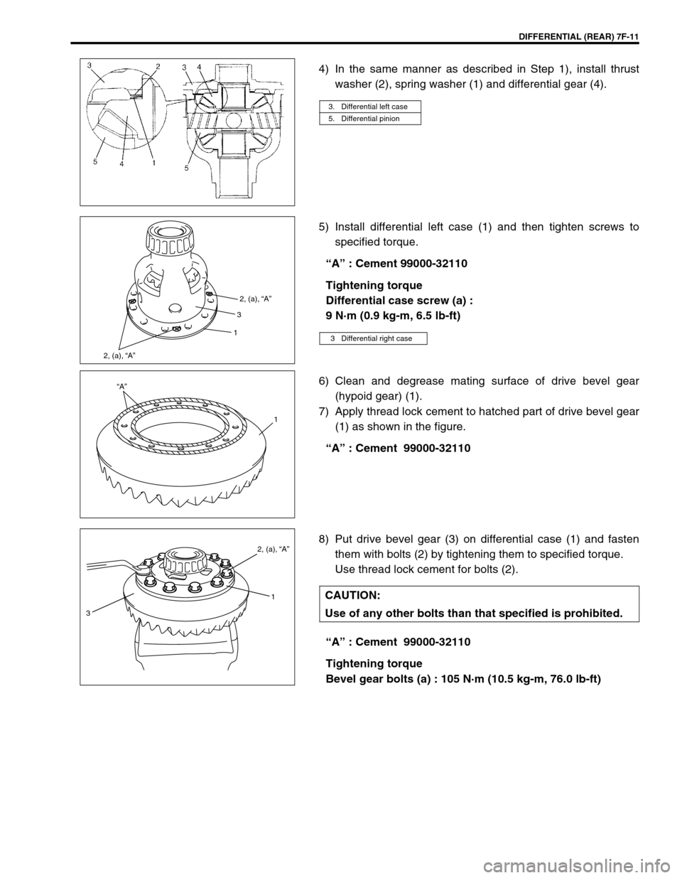 SUZUKI GRAND VITARA 1999 2.G Owners Manual DIFFERENTIAL (REAR) 7F-11
4) In the same manner as described in Step 1), install thrust
washer (2), spring washer (1) and differential gear (4).
5) Install differential left case (1) and then tighten 