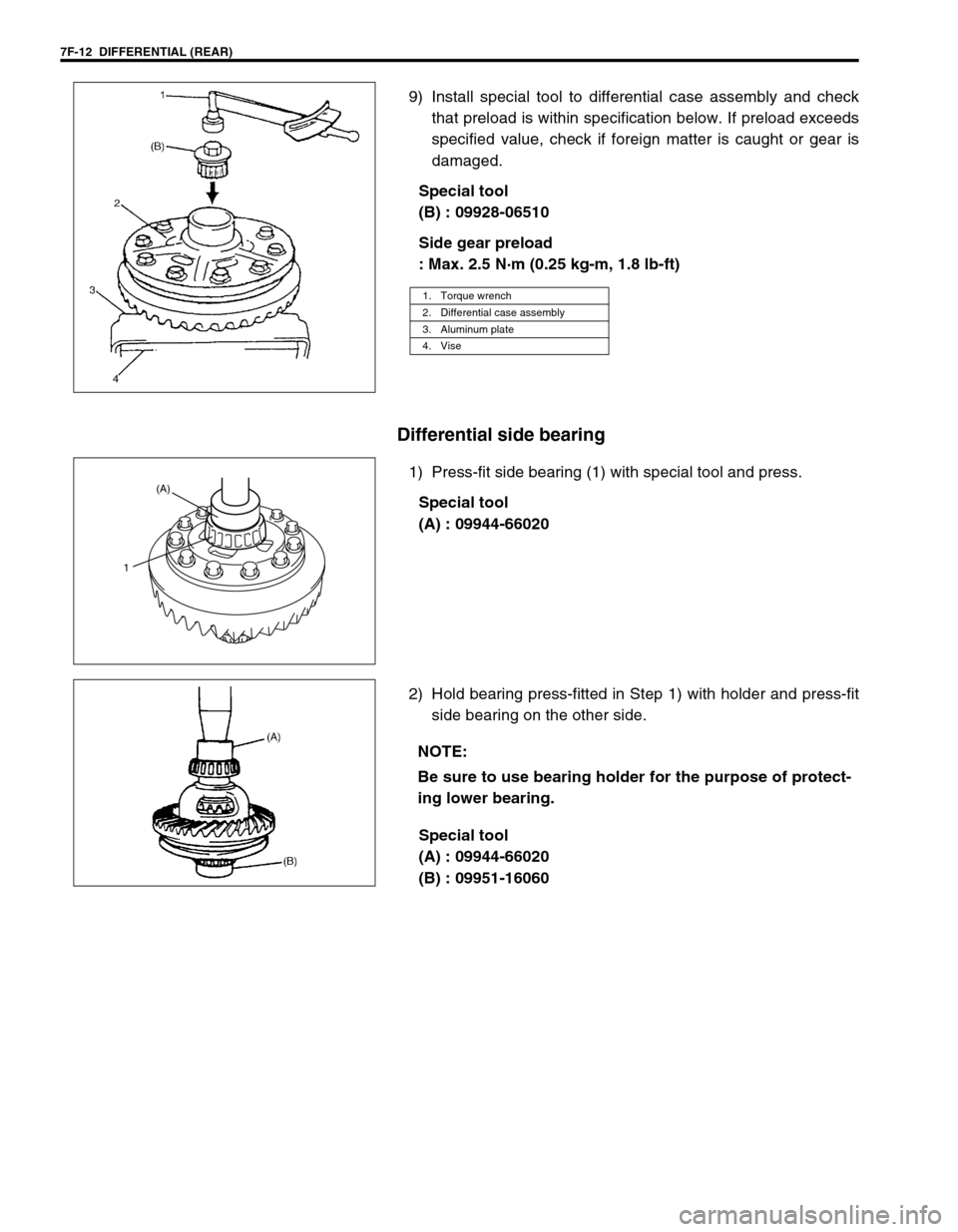 SUZUKI GRAND VITARA 1999 2.G Owners Manual 7F-12  DIFFERENTIAL (REAR)
9) Install special tool to differential case assembly and check
that preload is within specification below. If preload exceeds
specified value, check if foreign matter is ca