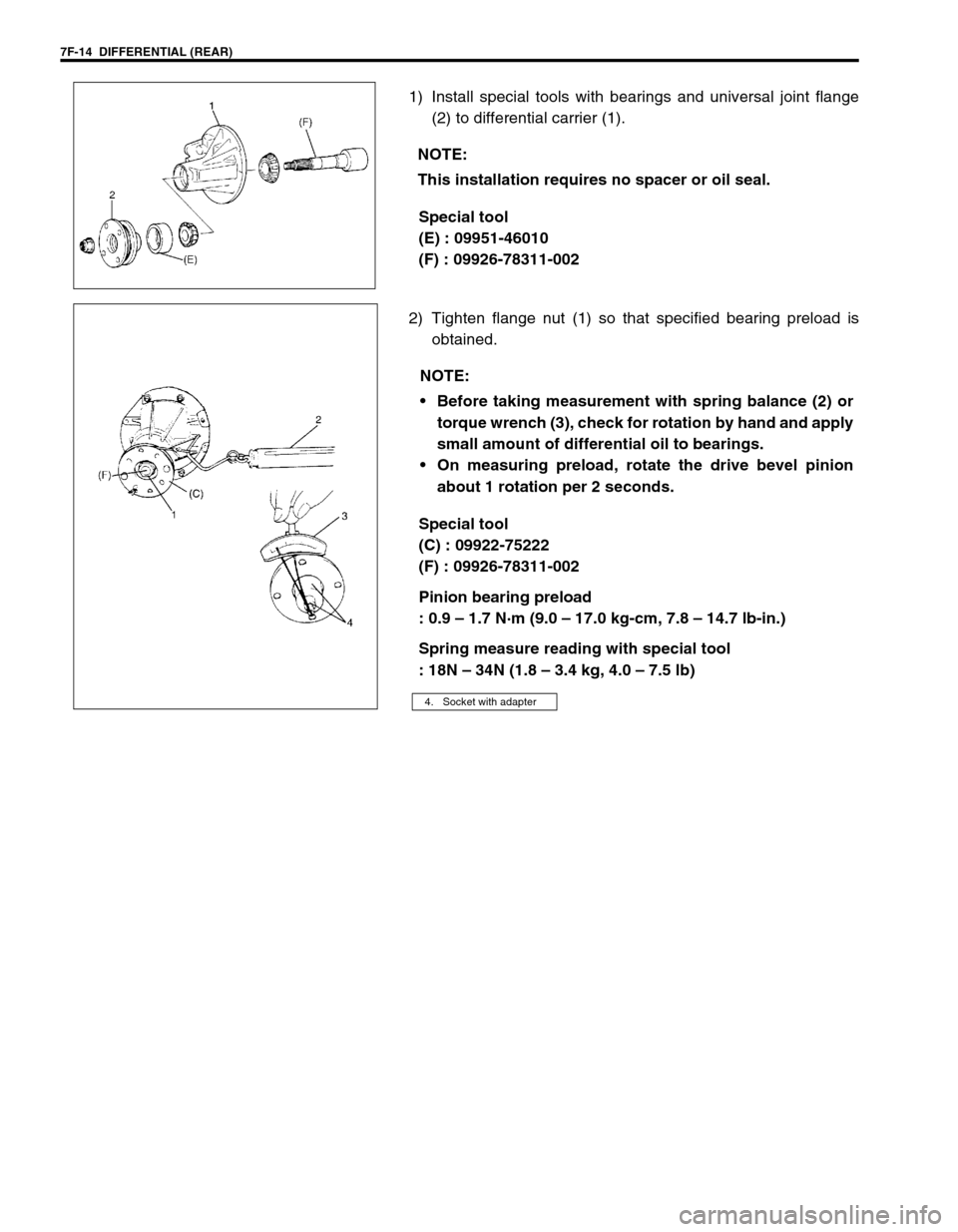 SUZUKI GRAND VITARA 1999 2.G Owners Manual 7F-14  DIFFERENTIAL (REAR)
1) Install special tools with bearings and universal joint flange
(2) to differential carrier (1).
Special tool
(E) : 09951-46010
(F) : 09926-78311-002
2) Tighten flange nut