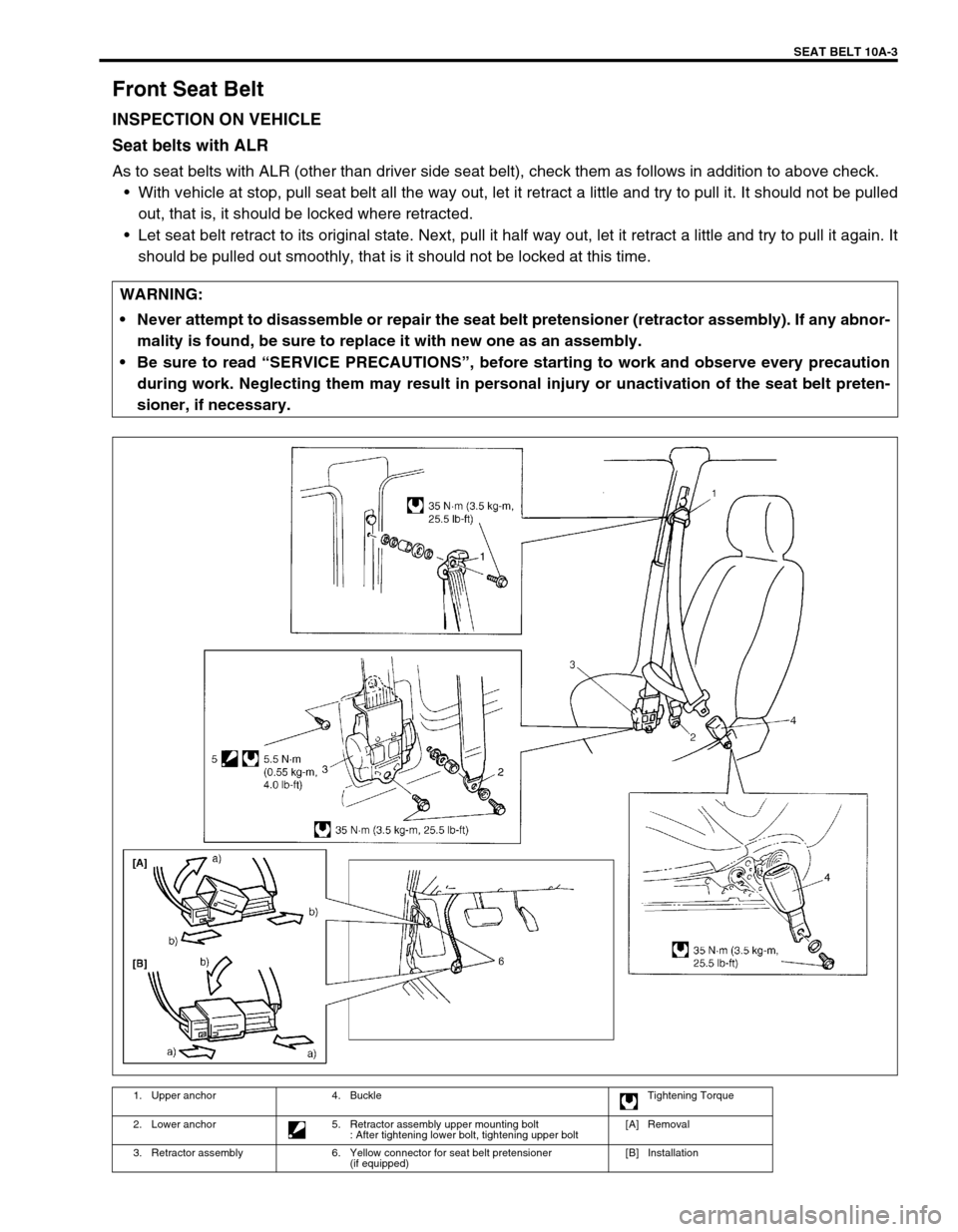 SUZUKI GRAND VITARA 1999 2.G Owners Manual SEAT BELT 10A-3
Front Seat Belt
INSPECTION ON VEHICLE
Seat belts with ALR
As to seat belts with ALR (other than driver side seat belt), check them as follows in addition to above check.
•With vehicl SUZUKI GRAND VITARA 1999 2.G Owners Manual SEAT BELT 10A-3
Front Seat Belt
INSPECTION ON VEHICLE
Seat belts with ALR
As to seat belts with ALR (other than driver side seat belt), check them as follows in addition to above check.
•With vehicl