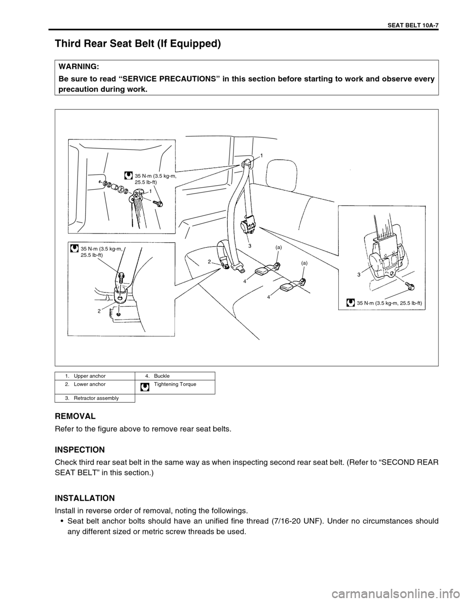 SUZUKI GRAND VITARA 1999 2.G Owners Manual SEAT BELT 10A-7
Third Rear Seat Belt (If Equipped)
REMOVAL
Refer to the figure above to remove rear seat belts.
INSPECTION
Check third rear seat belt in the same way as when inspecting second rear sea
