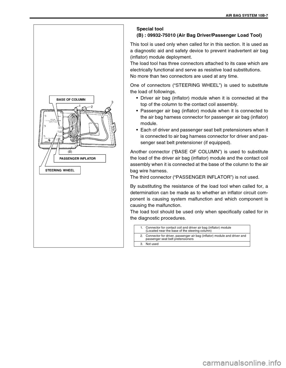 SUZUKI GRAND VITARA 1999 2.G Owners Manual AIR BAG SYSTEM 10B-7
Special tool
(B) : 09932-75010 (Air Bag Driver/Passenger Load Tool)
This tool is used only when called for in this section. It is used as
a diagnostic aid and safety device to pr SUZUKI GRAND VITARA 1999 2.G Owners Manual AIR BAG SYSTEM 10B-7
Special tool
(B) : 09932-75010 (Air Bag Driver/Passenger Load Tool)
This tool is used only when called for in this section. It is used as
a diagnostic aid and safety device to pr