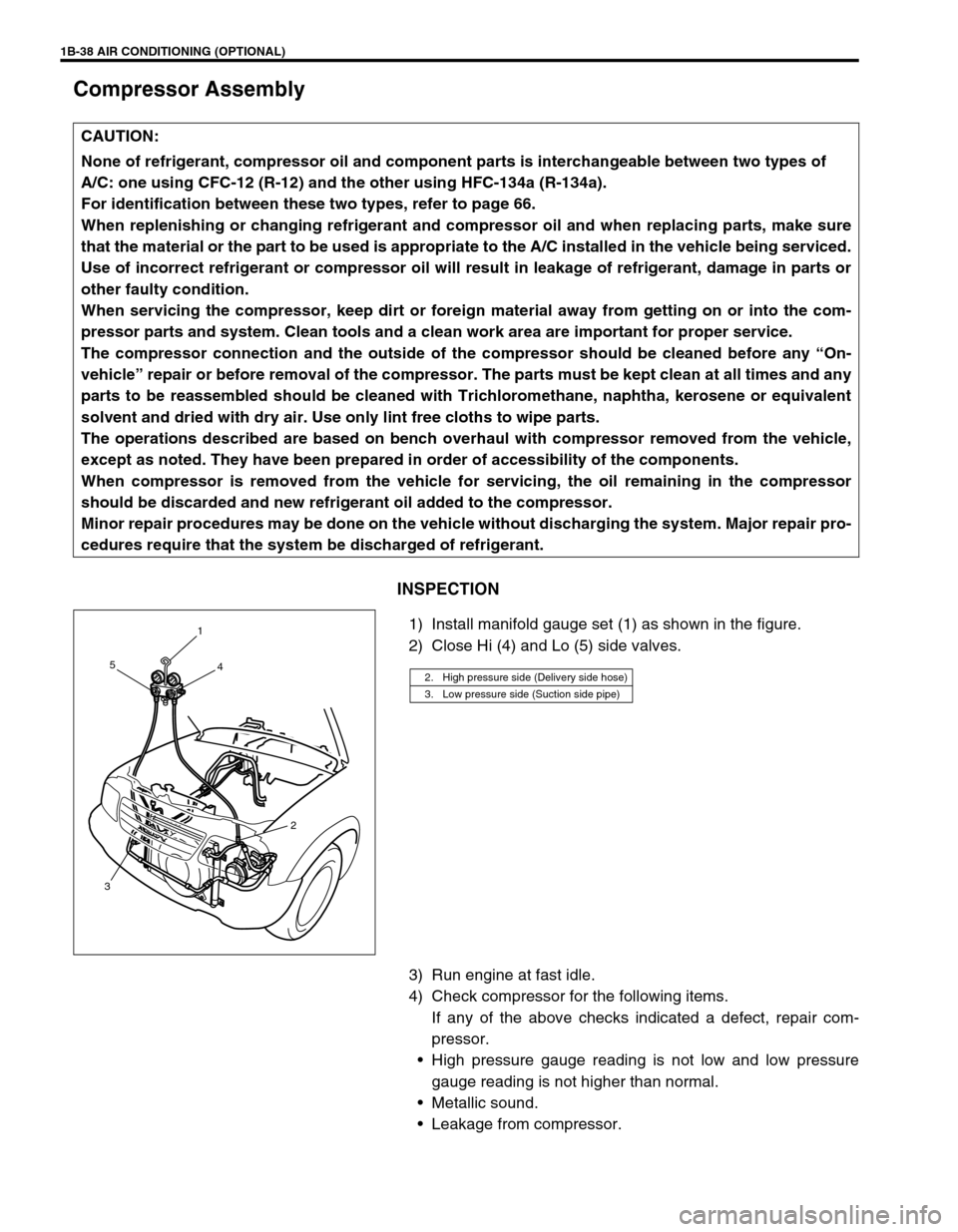 SUZUKI GRAND VITARA 1999 2.G Owners Manual 1B-38 AIR CONDITIONING (OPTIONAL)
Compressor Assembly
INSPECTION
1) Install manifold gauge set (1) as shown in the figure.
2) Close Hi (4) and Lo (5) side valves.
3) Run engine at fast idle.
4) Check SUZUKI GRAND VITARA 1999 2.G Owners Manual 1B-38 AIR CONDITIONING (OPTIONAL)
Compressor Assembly
INSPECTION
1) Install manifold gauge set (1) as shown in the figure.
2) Close Hi (4) and Lo (5) side valves.
3) Run engine at fast idle.
4) Check