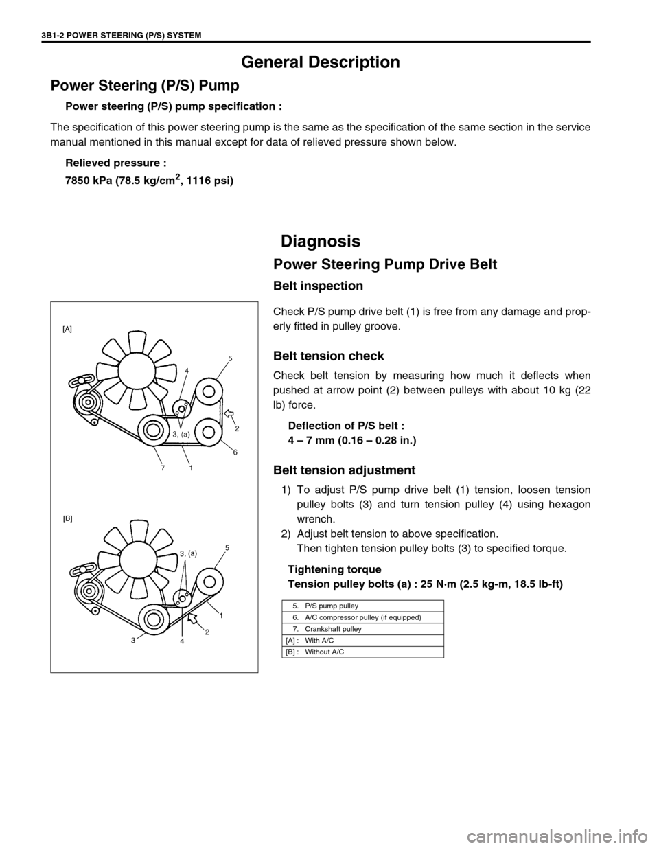 SUZUKI GRAND VITARA 1999 2.G Owners Manual 3B1-2 POWER STEERING (P/S) SYSTEM
General Description
Power Steering (P/S) Pump
Power steering (P/S) pump specification :
The specification of this power steering pump is the same as the specification SUZUKI GRAND VITARA 1999 2.G Owners Manual 3B1-2 POWER STEERING (P/S) SYSTEM
General Description
Power Steering (P/S) Pump
Power steering (P/S) pump specification :
The specification of this power steering pump is the same as the specification