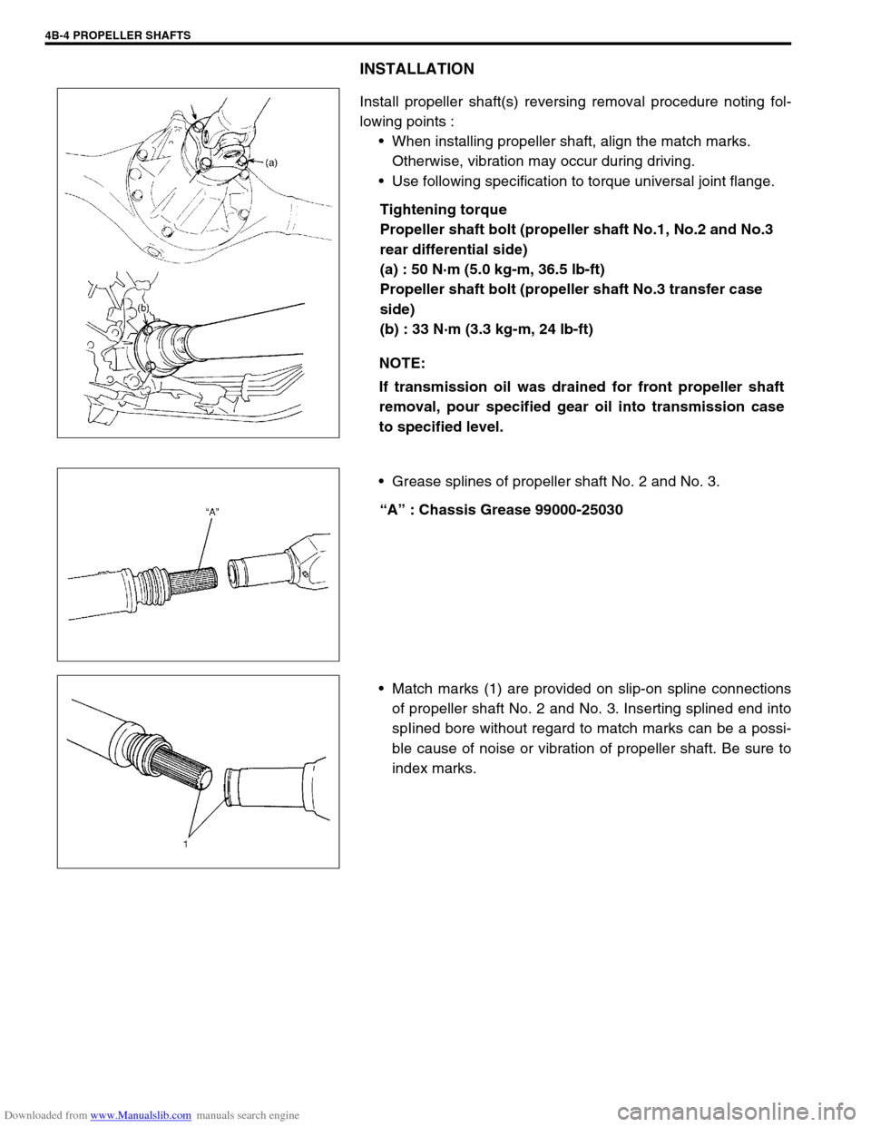 SUZUKI JIMNY 2005 3.G Service Workshop Manual Downloaded from www.Manualslib.com manuals search engine 4B-4 PROPELLER SHAFTS
INSTALLATION
Install propeller shaft(s) reversing removal procedure noting fol-
lowing points :
When installing propelle SUZUKI JIMNY 2005 3.G Service Workshop Manual Downloaded from www.Manualslib.com manuals search engine 4B-4 PROPELLER SHAFTS
INSTALLATION
Install propeller shaft(s) reversing removal procedure noting fol-
lowing points :
When installing propelle
