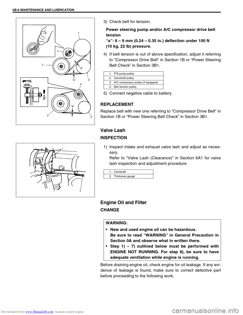 SUZUKI JIMNY 2005 3.G Service Workshop Manual Downloaded from www.Manualslib.com manuals search engine 0B-6 MAINTENANCE AND LUBRICATION
3) Check belt for tension.
Power steering pump and/or A/C compressor drive belt
tension
“a”: 6 – 9 mm ( SUZUKI JIMNY 2005 3.G Service Workshop Manual Downloaded from www.Manualslib.com manuals search engine 0B-6 MAINTENANCE AND LUBRICATION
3) Check belt for tension.
Power steering pump and/or A/C compressor drive belt
tension
“a”: 6 – 9 mm (