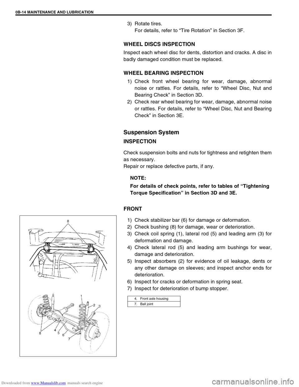 SUZUKI JIMNY 2005 3.G Service Workshop Manual Downloaded from www.Manualslib.com manuals search engine 0B-14 MAINTENANCE AND LUBRICATION
3) Rotate tires. 
For details, refer to “Tire Rotation” in Section 3F.
WHEEL DISCS INSPECTION
Inspect eac
