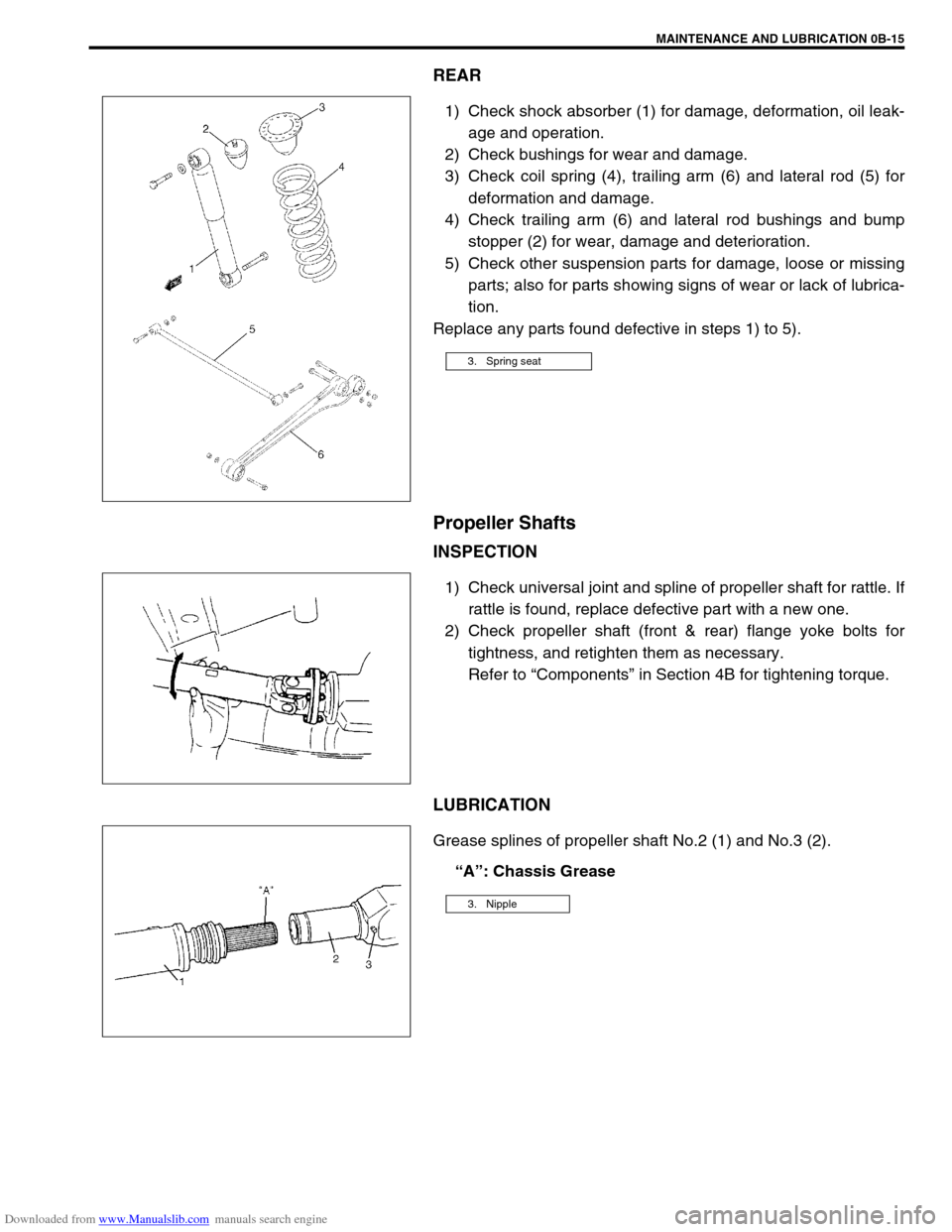 SUZUKI JIMNY 2005 3.G Service Workshop Manual Downloaded from www.Manualslib.com manuals search engine MAINTENANCE AND LUBRICATION 0B-15
REAR
1) Check shock absorber (1) for damage, deformation, oil leak-
age and operation.
2) Check bushings for 