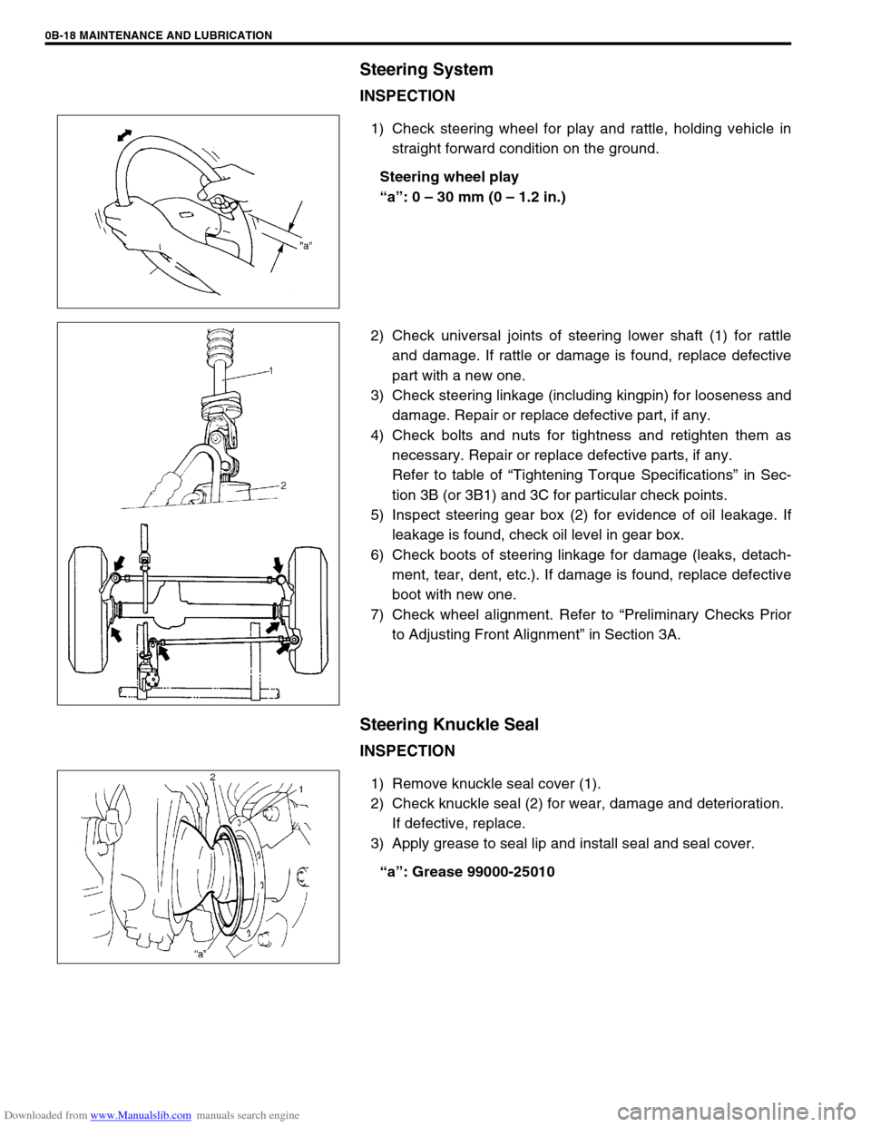SUZUKI JIMNY 2005 3.G Service Workshop Manual Downloaded from www.Manualslib.com manuals search engine 0B-18 MAINTENANCE AND LUBRICATION
Steering System
INSPECTION
1) Check steering wheel for play and rattle, holding vehicle in
straight forward c SUZUKI JIMNY 2005 3.G Service Workshop Manual Downloaded from www.Manualslib.com manuals search engine 0B-18 MAINTENANCE AND LUBRICATION
Steering System
INSPECTION
1) Check steering wheel for play and rattle, holding vehicle in
straight forward c