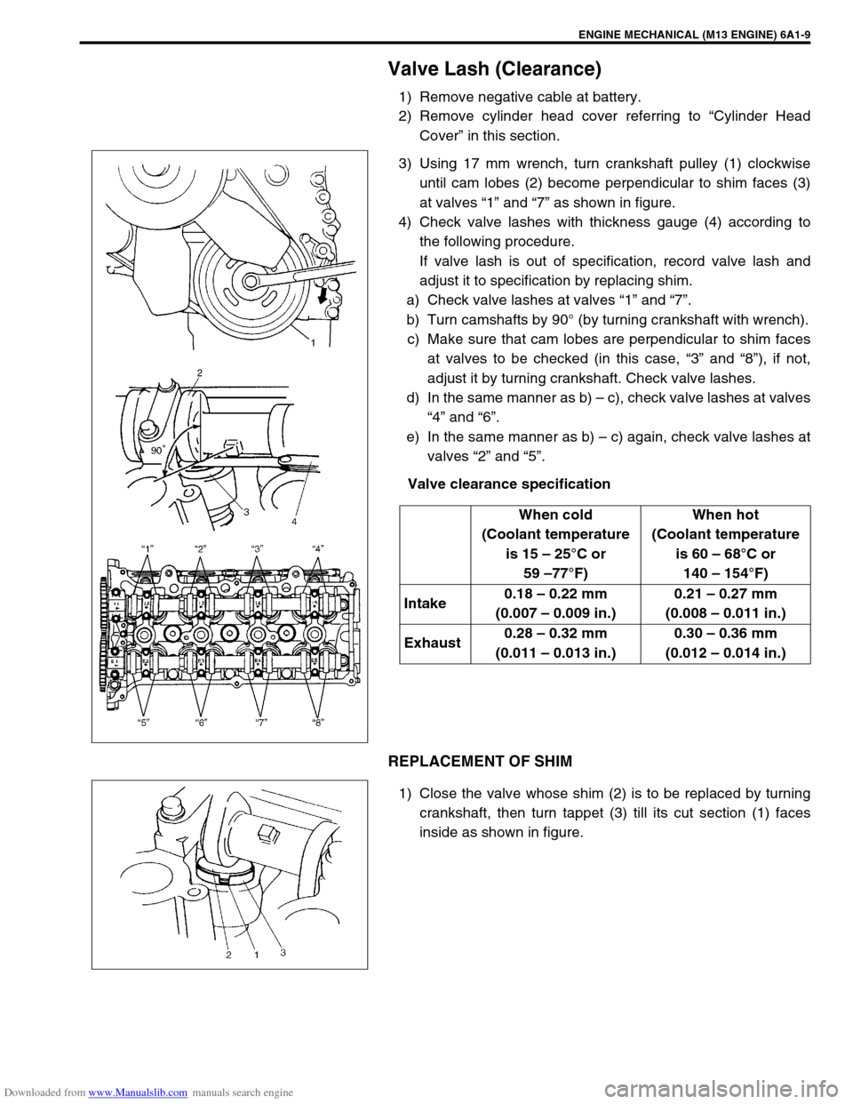 SUZUKI JIMNY 2005 3.G Service Workshop Manual Downloaded from www.Manualslib.com manuals search engine ENGINE MECHANICAL (M13 ENGINE) 6A1-9
Valve Lash (Clearance)
1) Remove negative cable at battery.
2) Remove cylinder head cover referring to “