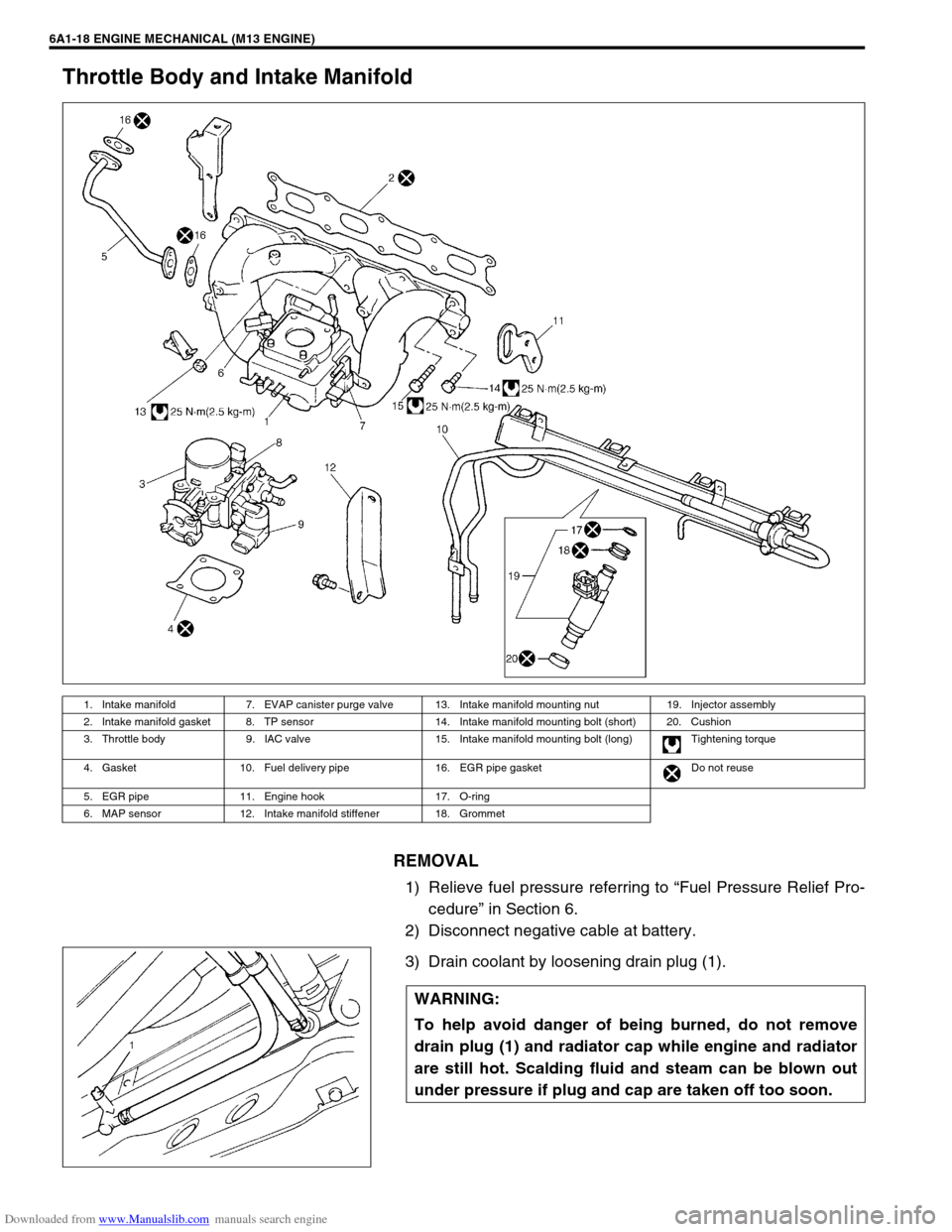 SUZUKI JIMNY 2005 3.G Service Workshop Manual Downloaded from www.Manualslib.com manuals search engine 6A1-18 ENGINE MECHANICAL (M13 ENGINE)
Throttle Body and Intake Manifold
REMOVAL
1) Relieve fuel pressure referring to “Fuel Pressure Relief P SUZUKI JIMNY 2005 3.G Service Workshop Manual Downloaded from www.Manualslib.com manuals search engine 6A1-18 ENGINE MECHANICAL (M13 ENGINE)
Throttle Body and Intake Manifold
REMOVAL
1) Relieve fuel pressure referring to “Fuel Pressure Relief P