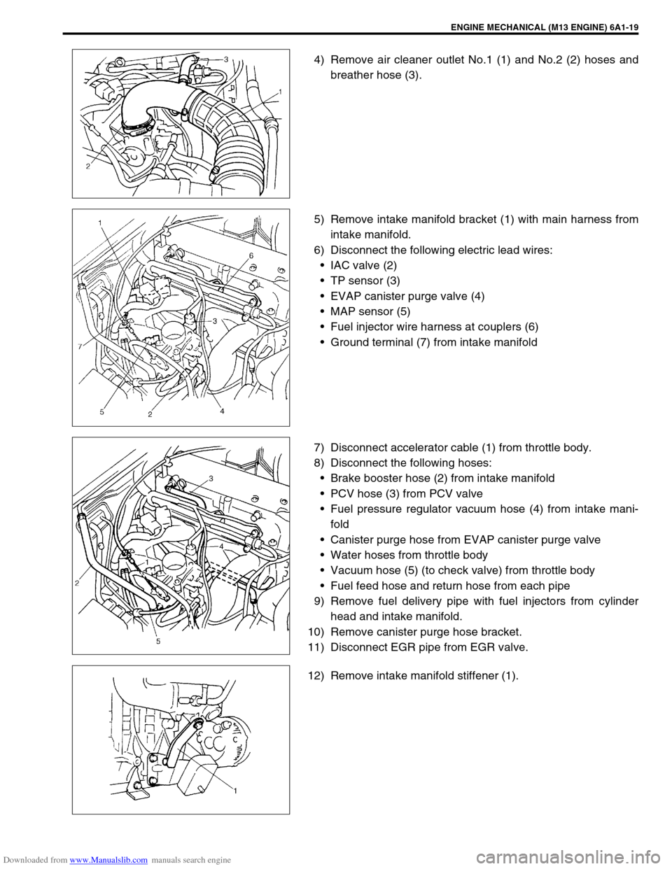 SUZUKI JIMNY 2005 3.G Service Workshop Manual Downloaded from www.Manualslib.com manuals search engine ENGINE MECHANICAL (M13 ENGINE) 6A1-19
4) Remove air cleaner outlet No.1 (1) and No.2 (2) hoses and
breather hose (3).
5) Remove intake manifold SUZUKI JIMNY 2005 3.G Service Workshop Manual Downloaded from www.Manualslib.com manuals search engine ENGINE MECHANICAL (M13 ENGINE) 6A1-19
4) Remove air cleaner outlet No.1 (1) and No.2 (2) hoses and
breather hose (3).
5) Remove intake manifold