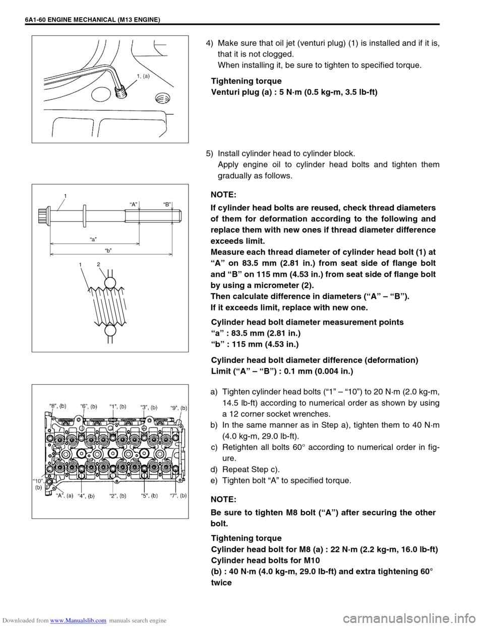 SUZUKI JIMNY 2005 3.G Service Workshop Manual Downloaded from www.Manualslib.com manuals search engine 6A1-60 ENGINE MECHANICAL (M13 ENGINE)
4) Make sure that oil jet (venturi plug) (1) is installed and if it is,
that it is not clogged.
When inst SUZUKI JIMNY 2005 3.G Service Workshop Manual Downloaded from www.Manualslib.com manuals search engine 6A1-60 ENGINE MECHANICAL (M13 ENGINE)
4) Make sure that oil jet (venturi plug) (1) is installed and if it is,
that it is not clogged.
When inst