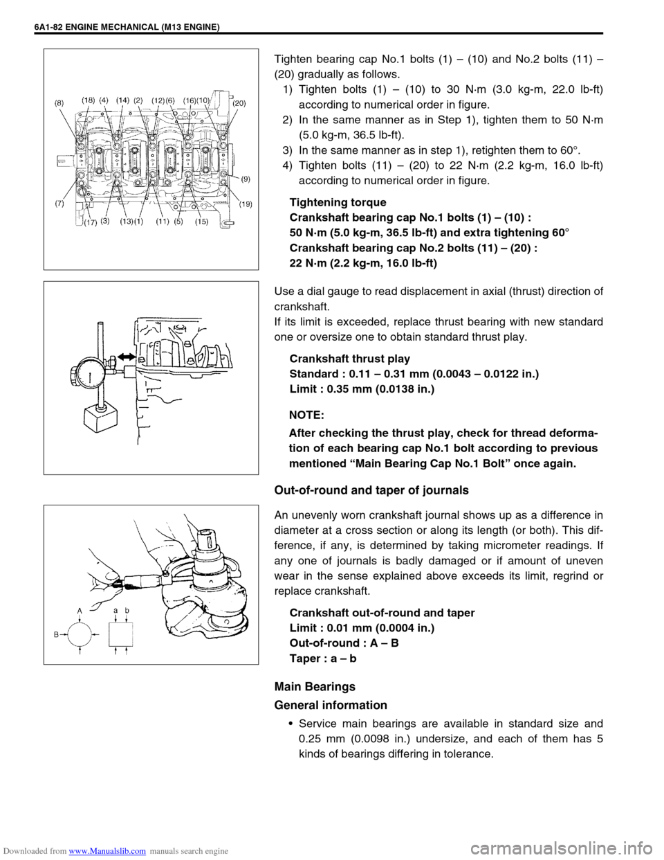 SUZUKI JIMNY 2005 3.G Service Workshop Manual Downloaded from www.Manualslib.com manuals search engine 6A1-82 ENGINE MECHANICAL (M13 ENGINE)
Tighten bearing cap No.1 bolts (1) – (10) and No.2 bolts (11) –
(20) gradually as follows.
1) Tighten SUZUKI JIMNY 2005 3.G Service Workshop Manual Downloaded from www.Manualslib.com manuals search engine 6A1-82 ENGINE MECHANICAL (M13 ENGINE)
Tighten bearing cap No.1 bolts (1) – (10) and No.2 bolts (11) –
(20) gradually as follows.
1) Tighten