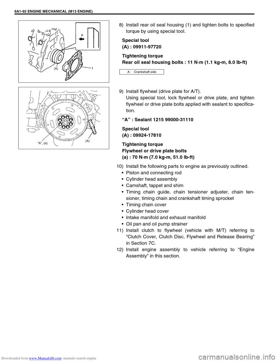 SUZUKI JIMNY 2005 3.G Service Workshop Manual Downloaded from www.Manualslib.com manuals search engine 6A1-92 ENGINE MECHANICAL (M13 ENGINE)
8) Install rear oil seal housing (1) and tighten bolts to specified
torque by using special tool.
Special
