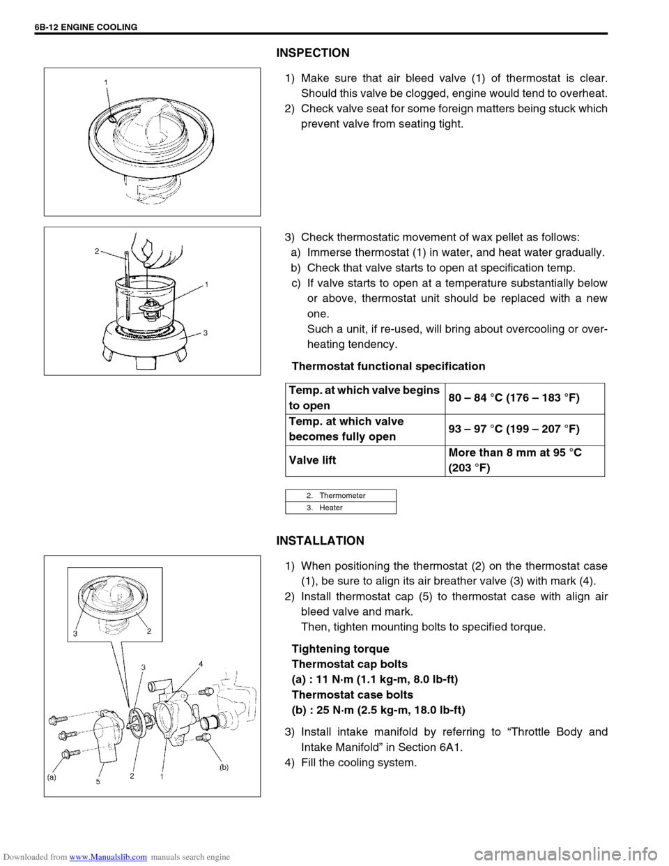 SUZUKI JIMNY 2005 3.G Service Workshop Manual Downloaded from www.Manualslib.com manuals search engine 6B-12 ENGINE COOLING
INSPECTION
1) Make sure that air bleed valve (1) of thermostat is clear.
Should this valve be clogged, engine would tend t SUZUKI JIMNY 2005 3.G Service Workshop Manual Downloaded from www.Manualslib.com manuals search engine 6B-12 ENGINE COOLING
INSPECTION
1) Make sure that air bleed valve (1) of thermostat is clear.
Should this valve be clogged, engine would tend t