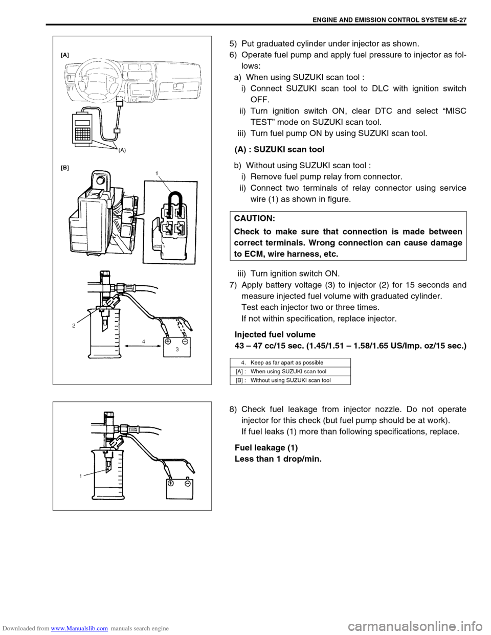 SUZUKI JIMNY 2005 3.G Service Workshop Manual Downloaded from www.Manualslib.com manuals search engine ENGINE AND EMISSION CONTROL SYSTEM 6E-27
5) Put graduated cylinder under injector as shown.
6) Operate fuel pump and apply fuel pressure to inj SUZUKI JIMNY 2005 3.G Service Workshop Manual Downloaded from www.Manualslib.com manuals search engine ENGINE AND EMISSION CONTROL SYSTEM 6E-27
5) Put graduated cylinder under injector as shown.
6) Operate fuel pump and apply fuel pressure to inj