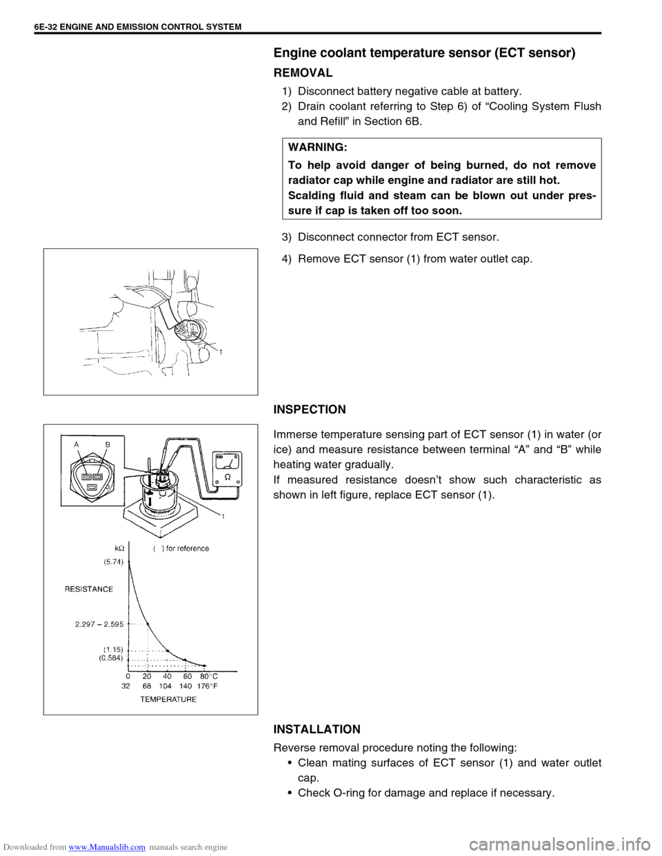 SUZUKI JIMNY 2005 3.G Service Workshop Manual Downloaded from www.Manualslib.com manuals search engine 6E-32 ENGINE AND EMISSION CONTROL SYSTEM
Engine coolant temperature sensor (ECT sensor)
REMOVAL
1) Disconnect battery negative cable at battery