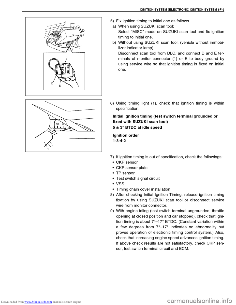 SUZUKI JIMNY 2005 3.G Service Workshop Manual Downloaded from www.Manualslib.com manuals search engine IGNITION SYSTEM (ELECTRONIC IGNITION SYSTEM 6F-9
5) Fix ignition timing to initial one as follows.
a) When using SUZUKI scan tool:
Select “MI