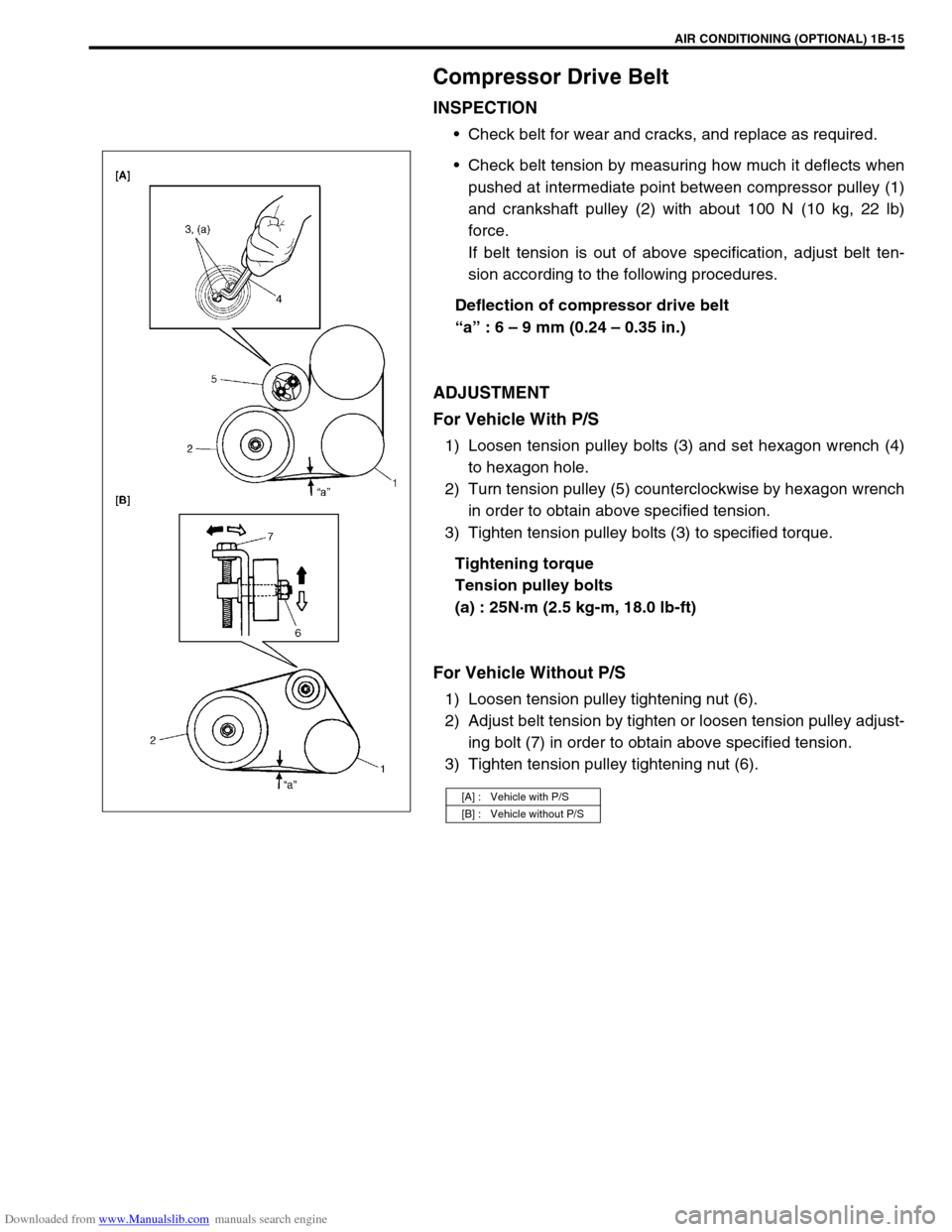 SUZUKI JIMNY 2005 3.G Service Workshop Manual Downloaded from www.Manualslib.com manuals search engine AIR CONDITIONING (OPTIONAL) 1B-15
Compressor Drive Belt
INSPECTION
Check belt for wear and cracks, and replace as required.
Check belt tensio SUZUKI JIMNY 2005 3.G Service Workshop Manual Downloaded from www.Manualslib.com manuals search engine AIR CONDITIONING (OPTIONAL) 1B-15
Compressor Drive Belt
INSPECTION
Check belt for wear and cracks, and replace as required.
Check belt tensio