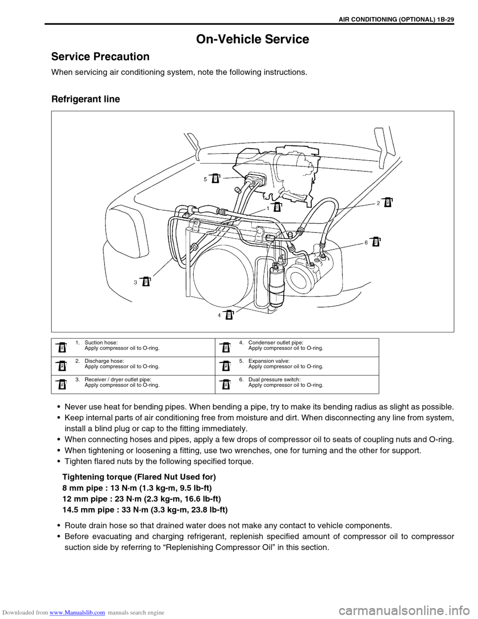 SUZUKI JIMNY 2005 3.G Service Workshop Manual Downloaded from www.Manualslib.com manuals search engine AIR CONDITIONING (OPTIONAL) 1B-29
On-Vehicle Service
Service Precaution
When servicing air conditioning system, note the following instructions SUZUKI JIMNY 2005 3.G Service Workshop Manual Downloaded from www.Manualslib.com manuals search engine AIR CONDITIONING (OPTIONAL) 1B-29
On-Vehicle Service
Service Precaution
When servicing air conditioning system, note the following instructions