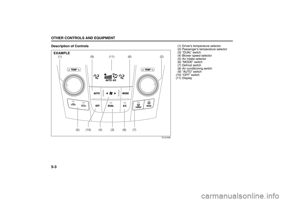 SUZUKI KIZASHI 2010 1.G Owners Manual 5-3OTHER CONTROLS AND EQUIPMENT
57L20-03E
Description of Controls
57L51002
(1) (9)
(6) (11)
(4)(2)
(5) (10) (3) (8) (7)
EXAMPLE
(1) Driver’s temperature selector
(2) Passenger’s temperature select