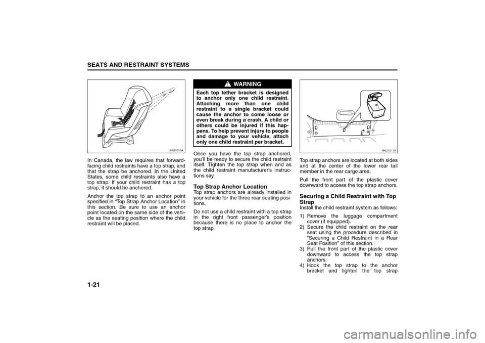 SUZUKI RENO 2008 1.G Owners Manual 1-21SEATS AND RESTRAINT SYSTEMS
85Z14-03E
In Canada, the law requires that forward-
facing child restraints have a top strap, and
that the strap be anchored. In the United
States, some child restraint SUZUKI RENO 2008 1.G Owners Manual 1-21SEATS AND RESTRAINT SYSTEMS
85Z14-03E
In Canada, the law requires that forward-
facing child restraints have a top strap, and
that the strap be anchored. In the United
States, some child restraint