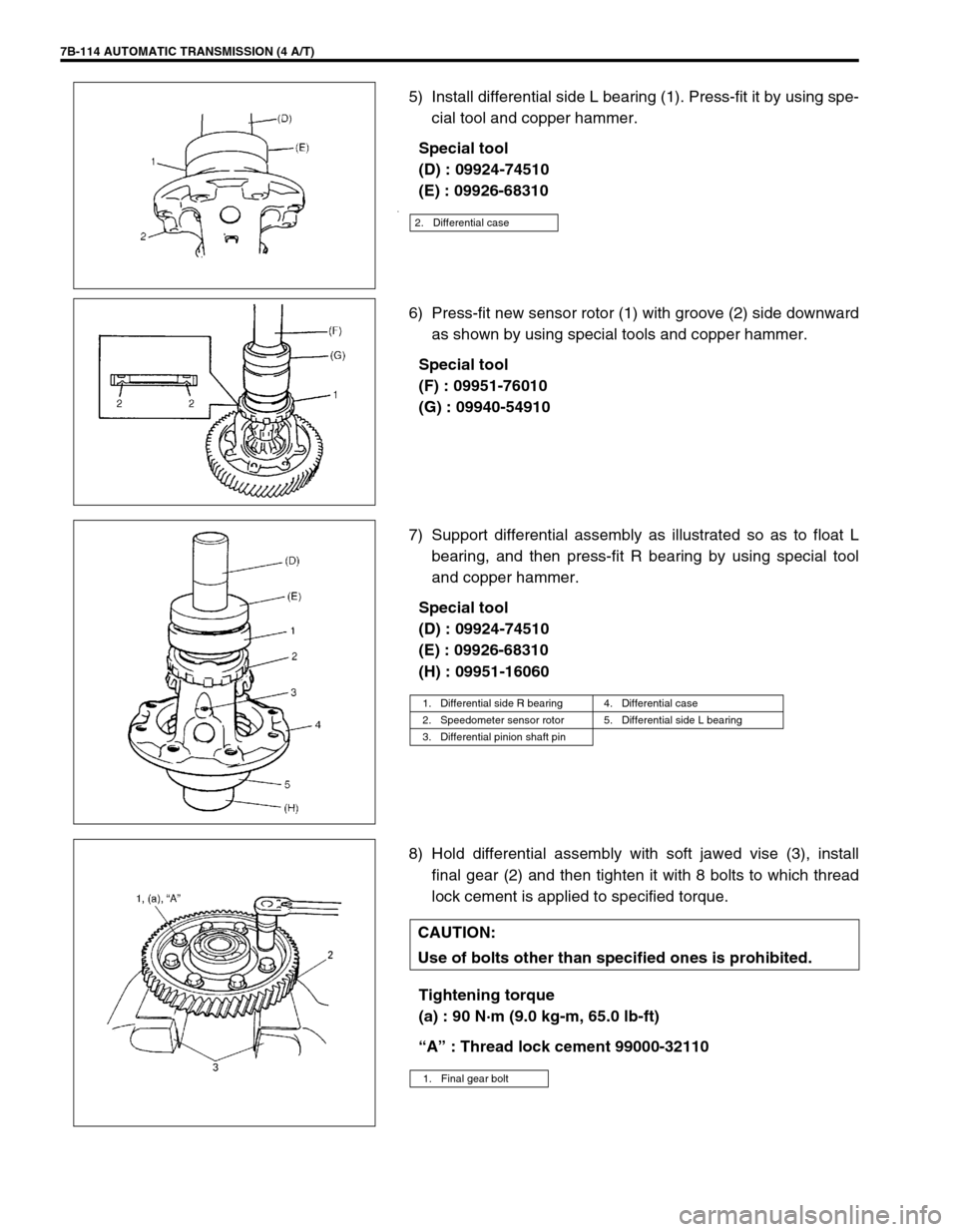 SUZUKI SWIFT 2000 1.G Transmission Service Workshop Manual 7B-114 AUTOMATIC TRANSMISSION (4 A/T)
5) Install differential side L bearing (1). Press-fit it by using spe-
cial tool and copper hammer.
Special tool
(D) : 09924-74510
(E) : 09926-68310
.
6) Press-fi SUZUKI SWIFT 2000 1.G Transmission Service Workshop Manual 7B-114 AUTOMATIC TRANSMISSION (4 A/T)
5) Install differential side L bearing (1). Press-fit it by using spe-
cial tool and copper hammer.
Special tool
(D) : 09924-74510
(E) : 09926-68310
.
6) Press-fi