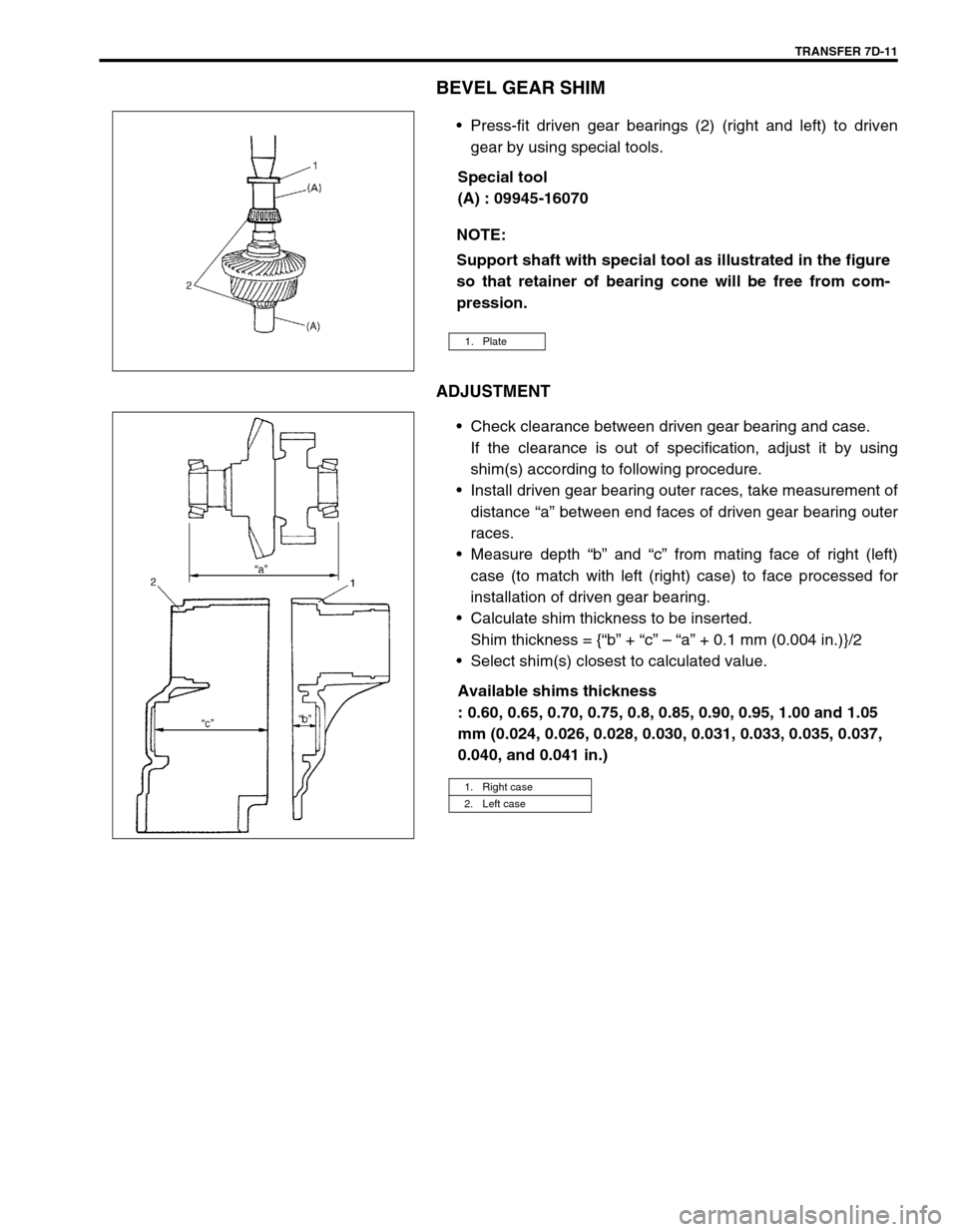 SUZUKI SWIFT 2000 1.G Transmission Service Workshop Manual TRANSFER 7D-11
BEVEL GEAR SHIM
Press-fit driven gear bearings (2) (right and left) to driven
gear by using special tools.
Special tool
(A) : 09945-16070
ADJUSTMENT
Check clearance between driven gea SUZUKI SWIFT 2000 1.G Transmission Service Workshop Manual TRANSFER 7D-11
BEVEL GEAR SHIM
Press-fit driven gear bearings (2) (right and left) to driven
gear by using special tools.
Special tool
(A) : 09945-16070
ADJUSTMENT
Check clearance between driven gea