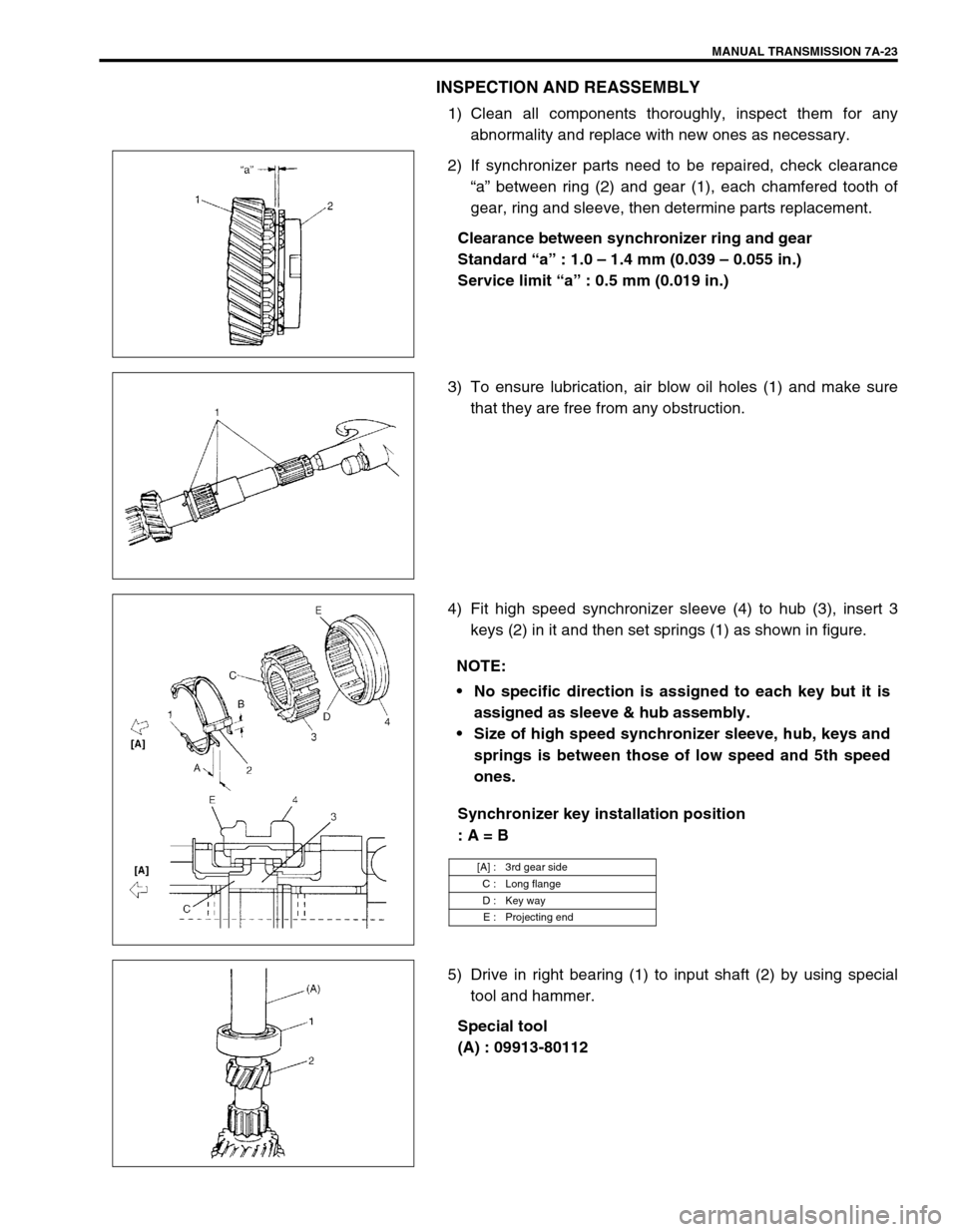 SUZUKI SWIFT 2000 1.G Transmission Service Workshop Manual MANUAL TRANSMISSION 7A-23
INSPECTION AND REASSEMBLY
1) Clean all components thoroughly, inspect them for any
abnormality and replace with new ones as necessary.
2) If synchronizer parts need to be rep SUZUKI SWIFT 2000 1.G Transmission Service Workshop Manual MANUAL TRANSMISSION 7A-23
INSPECTION AND REASSEMBLY
1) Clean all components thoroughly, inspect them for any
abnormality and replace with new ones as necessary.
2) If synchronizer parts need to be rep
