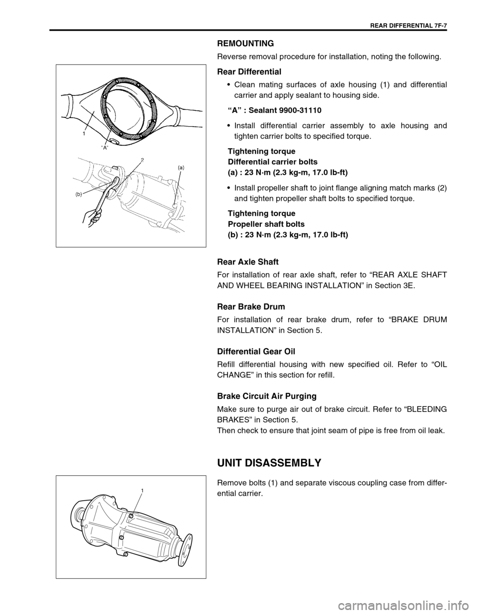 SUZUKI SWIFT 2000 1.G Transmission Service Workshop Manual REAR DIFFERENTIAL 7F-7
REMOUNTING
Reverse removal procedure for installation, noting the following.
Rear Differential
Clean mating surfaces of axle housing (1) and differential
carrier and apply seal SUZUKI SWIFT 2000 1.G Transmission Service Workshop Manual REAR DIFFERENTIAL 7F-7
REMOUNTING
Reverse removal procedure for installation, noting the following.
Rear Differential
Clean mating surfaces of axle housing (1) and differential
carrier and apply seal